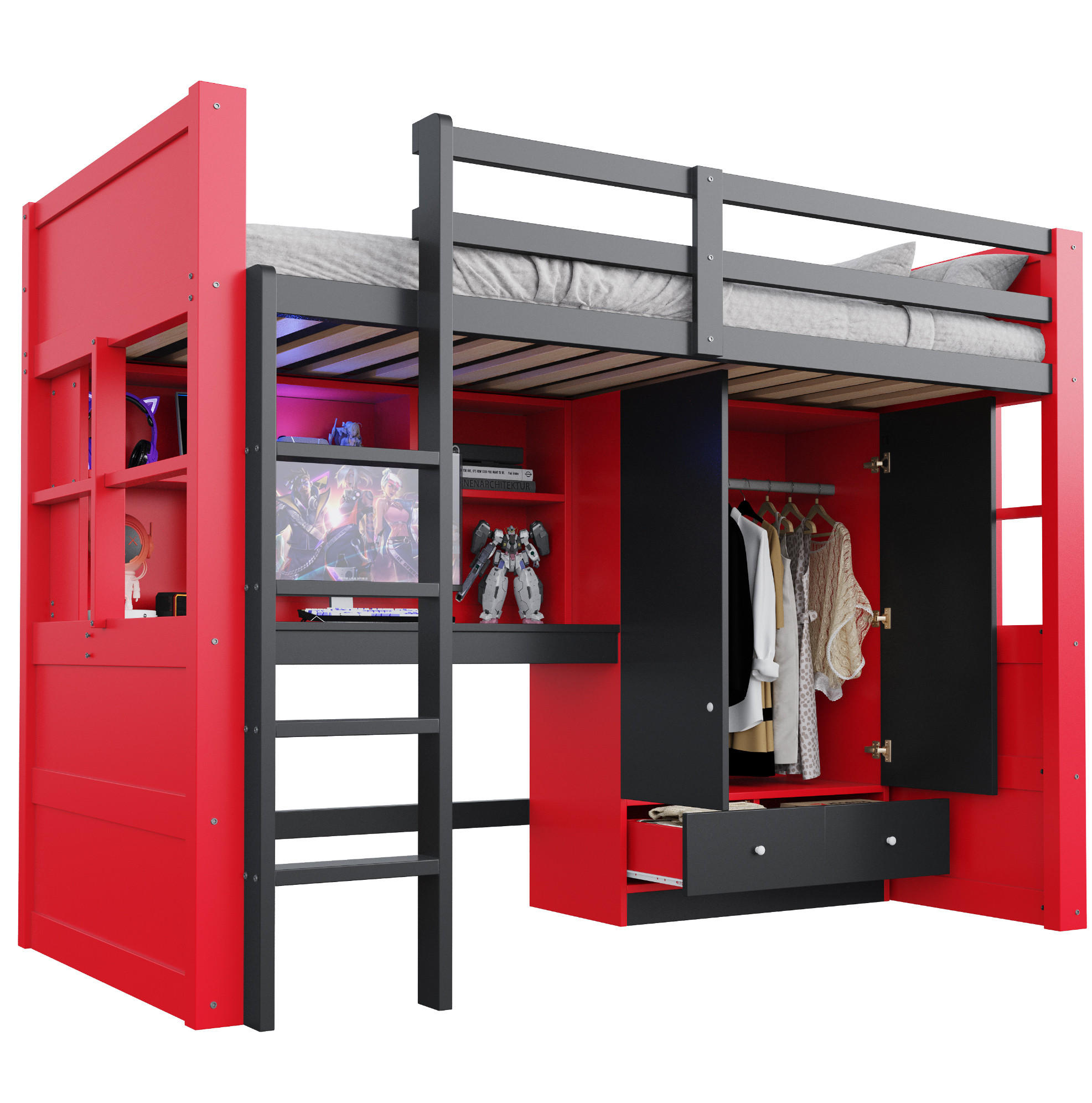 HOCHBETT 90/200 cm aus Holz mit LED-Beleuchtung Steckdosen Kleiderschrank und Schubladen Schwarz und Rot - Rot, Holz (90/200cm) - Modenvie