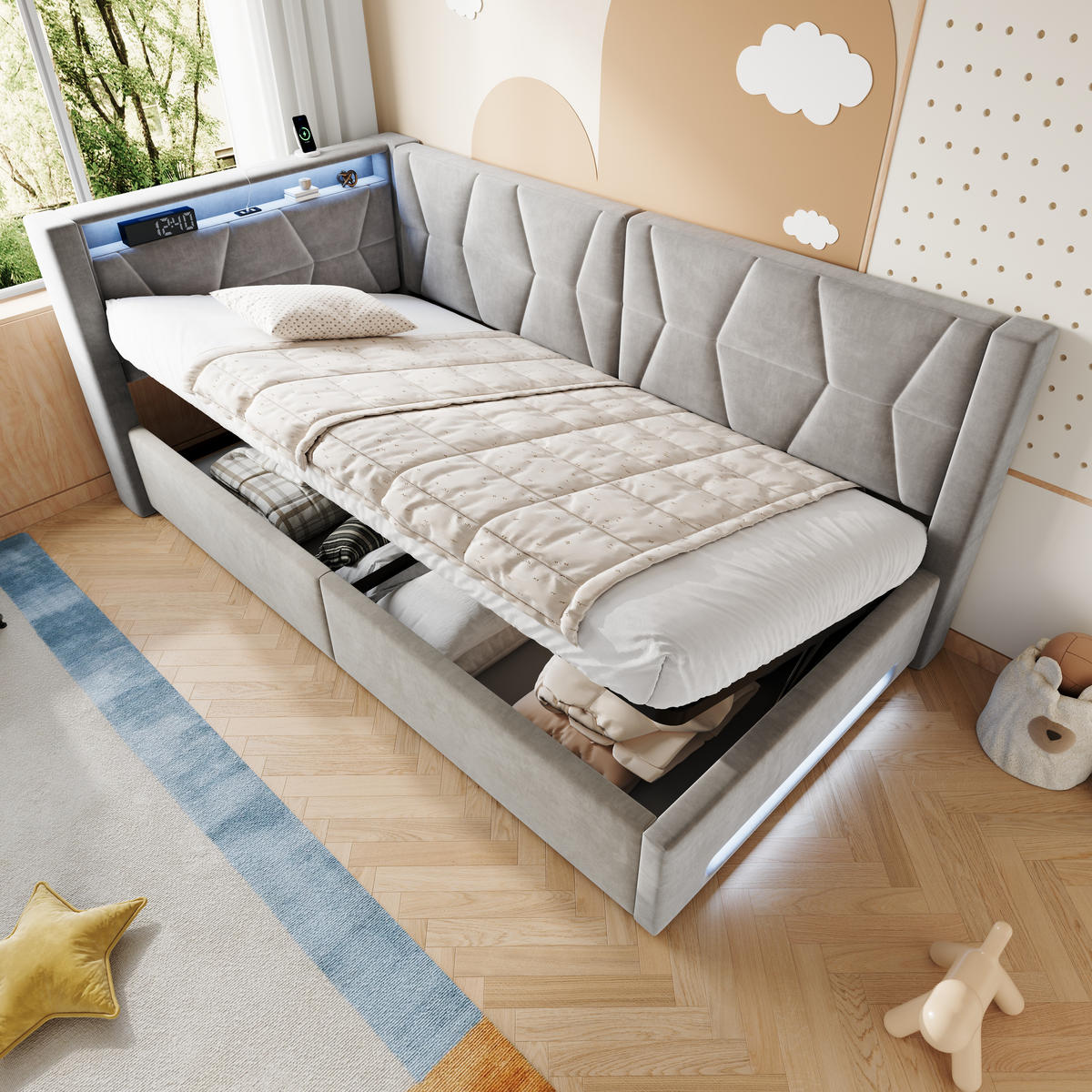 BOXBETT 90/200cm, LED/USB-C, Bettkasten, Lattenrost, Dunkelgrau - Dunkelgrau, Holz/Metall (90/200cm) - LVHOM