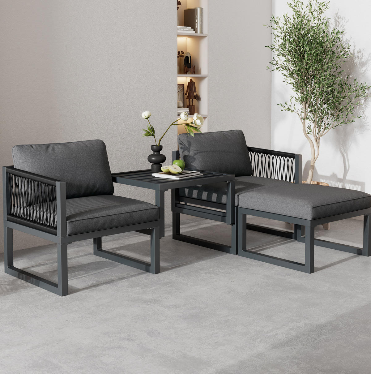 GARTENLOUNGE-SET 66/60/64 cm mit 2 Sesseln, 2 Hockern, höhenverstellbarem Tischhocker und flexiblen Kombinationen, Grau - Grau, Metall - Redom