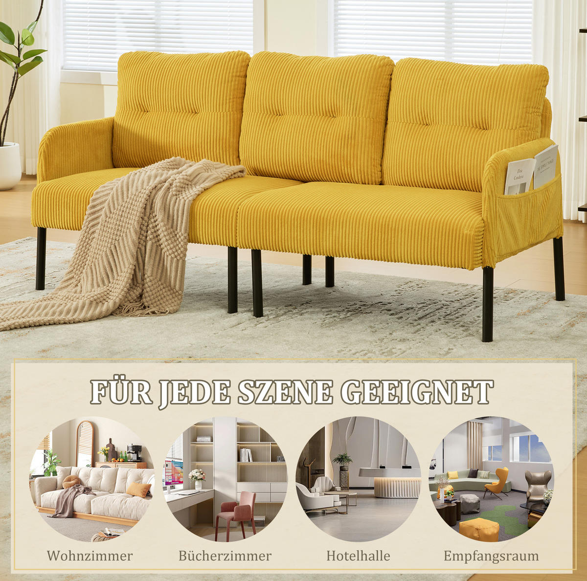 3-SITZER-SOFA 171/72/80 cm aus Cord mit Seitentasche Gelb - Gelb, Textil (72/80/171cm) - Modenvie