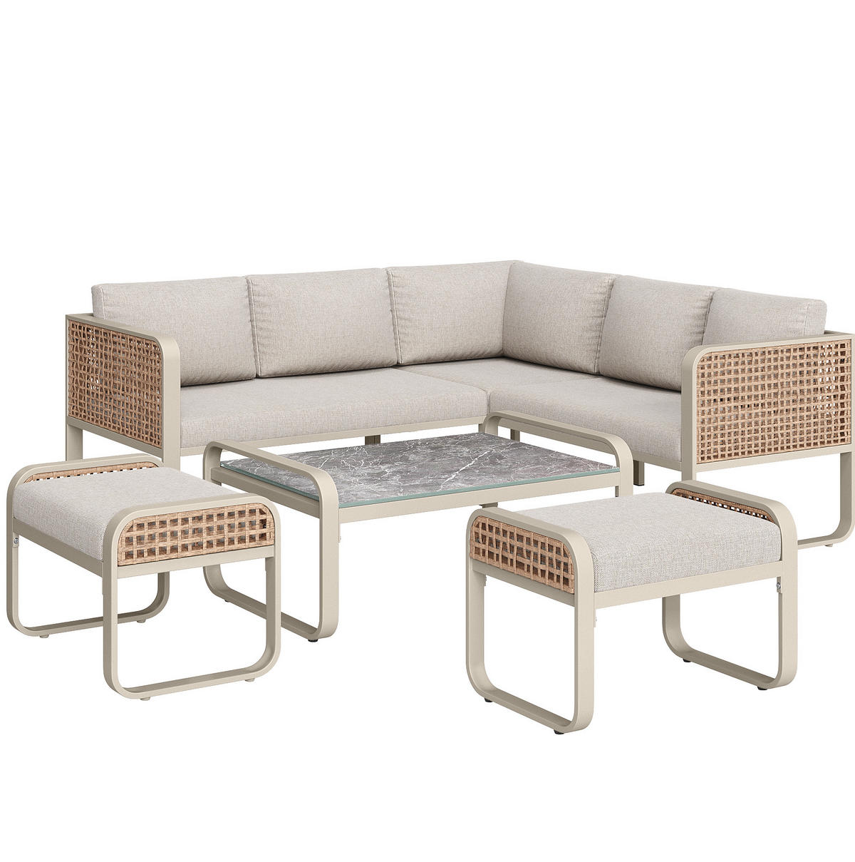 GARTEN-LOUNGE-SET aus Rattan & Metallgestell, inkl. Kissen, 120/61/69 cm, Beige - Beige, Metall - Redom