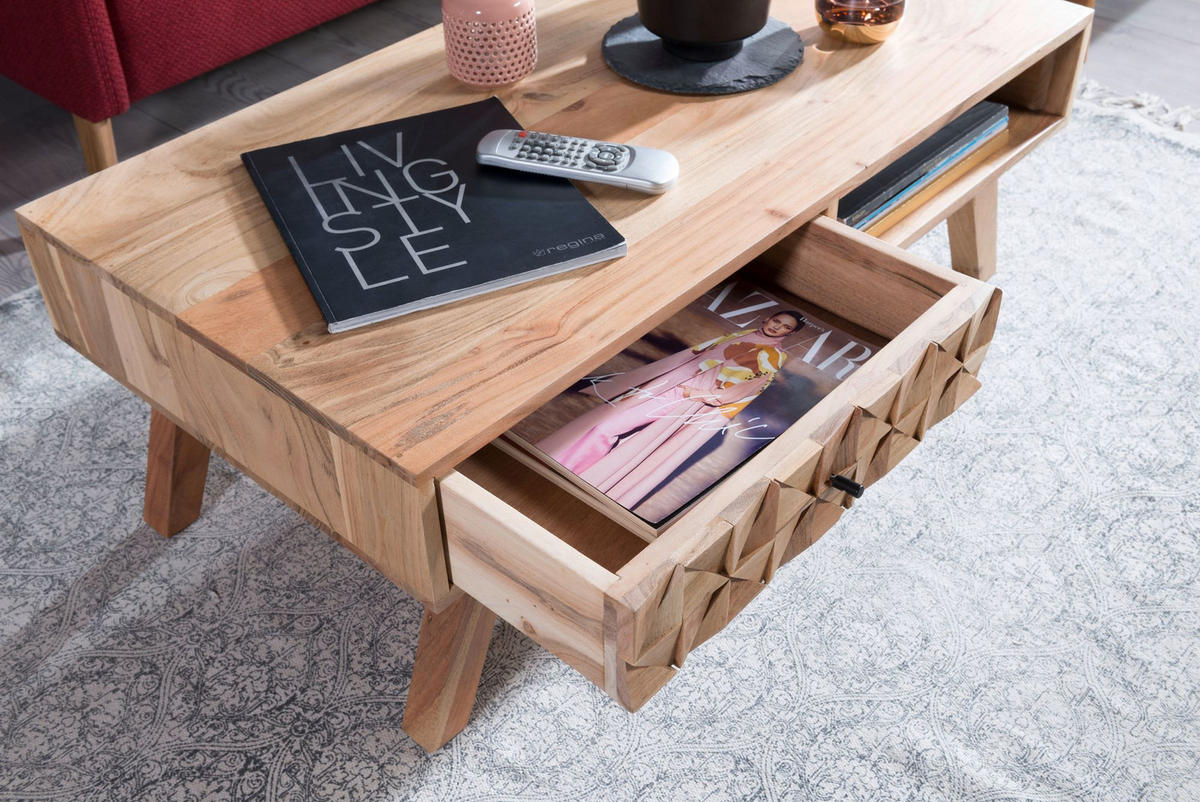COUCHTISCH Landhausstil Massivholz mit Schublade und Ablagefach, Maße 95x35x50 cm - Beige, Akazienholz/Holz (50/95/35cm) - KADIMA DESIGN
