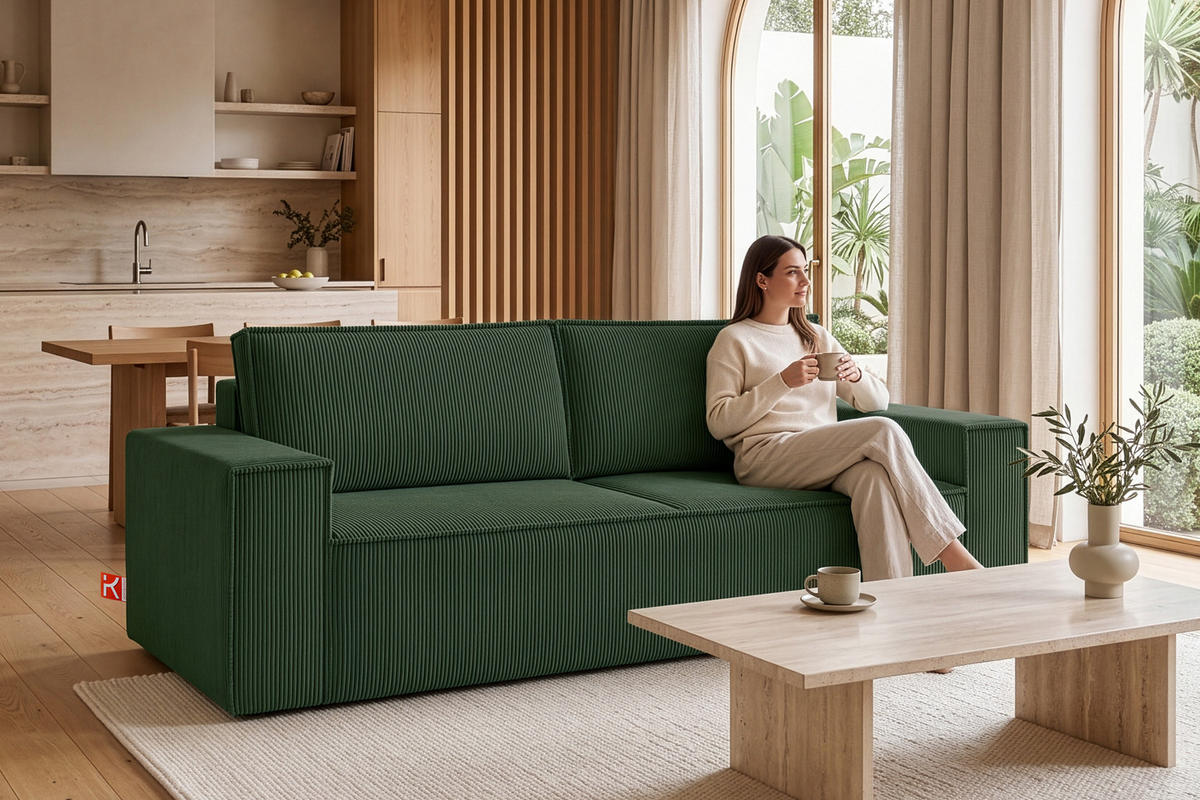3-SITZER-SCHLAFSOFA NAPI in Pet Friendly Cord-Stoff, dunkelgrün - Dunkelgrün/Schwarz, Textil (244/89/101cm) - KONSIMO®