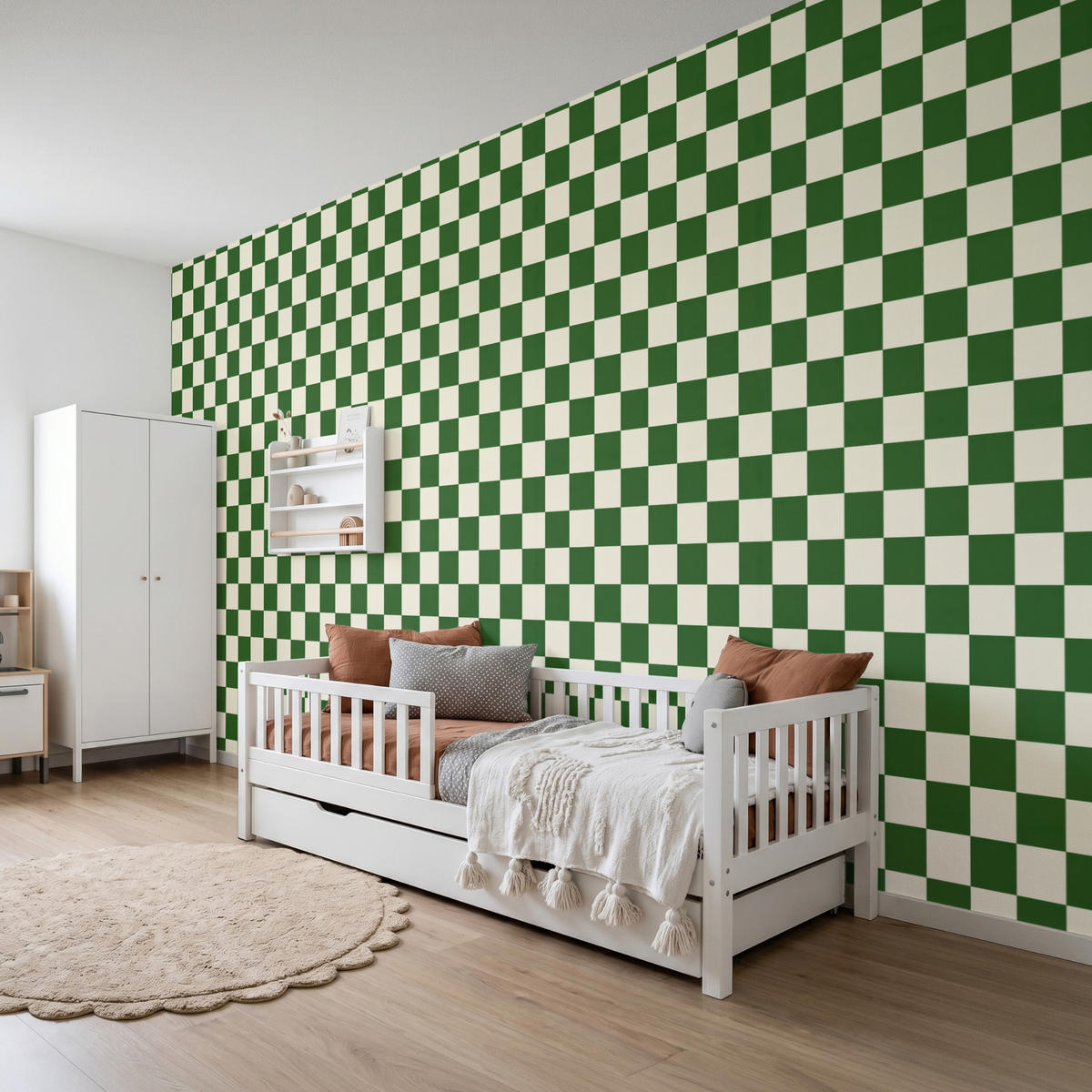 KINDERTAPETE - Schachbrett - Muster - Grün - 450x220 cm - Grün, Papier (450/220cm) - OnlyWow