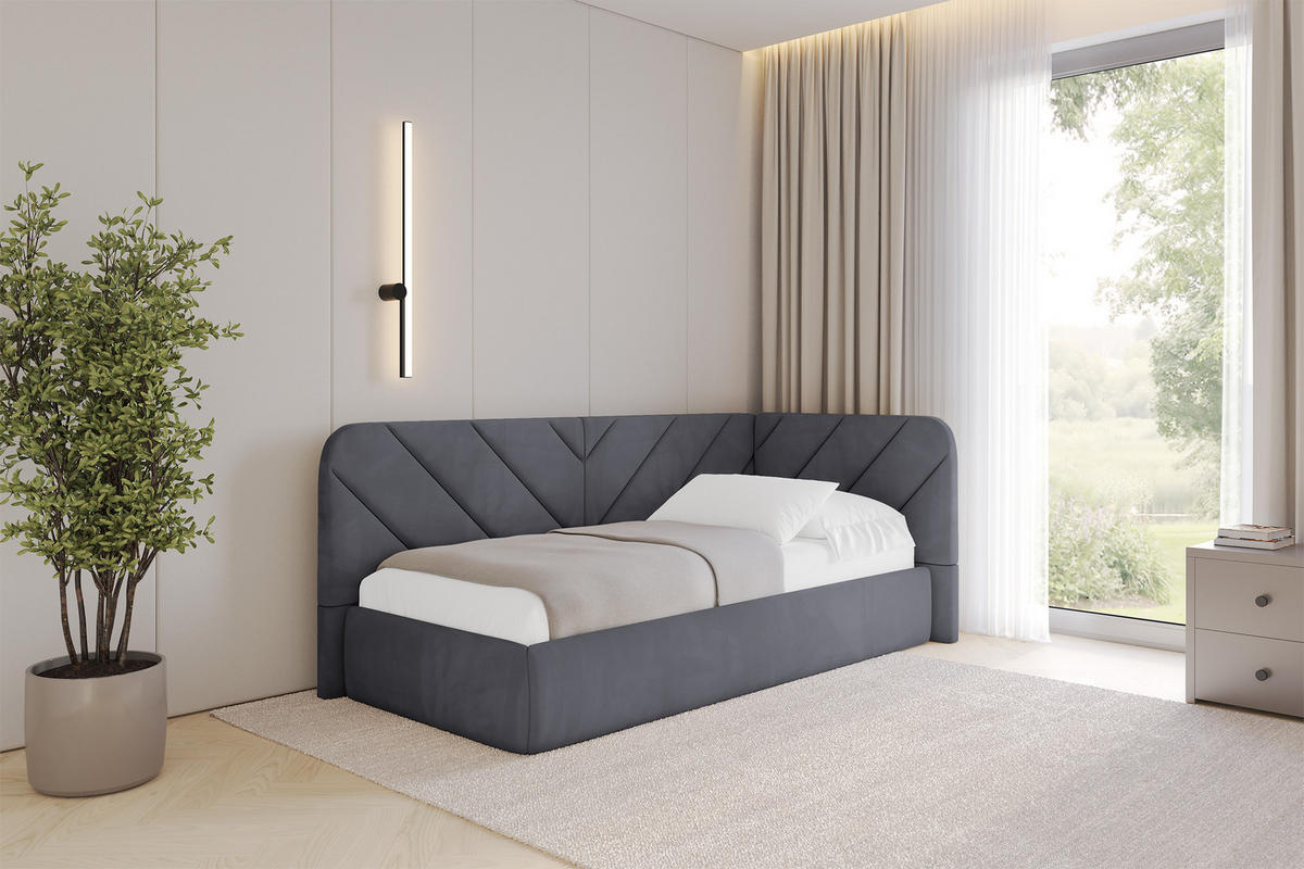 EINZELLBETT Jugendbett mit Bettkasten und Matratze H3/H4, Links - FIKY 90x200 Dunkelgrau - Dunkelgrau, Holzwerkstoff/Textil (90/200cm) - ALTDECOR