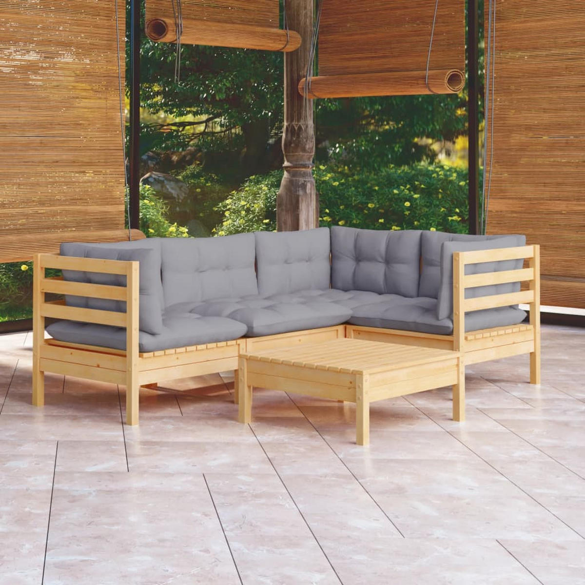 GARTEN-LOUNGE-SET 5-teilig Mit Grauen Kissen Kiefernholz - Grau, Holz - vidaXL