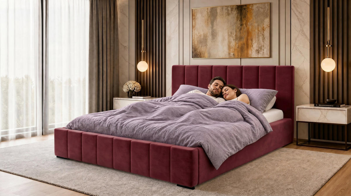 MARPUR Polsterbett NERO 180x200 cm mit Bettkasten und Lattenrost, Bordeaux - Chromfarben/Bordeaux, Holz/Holzwerkstoff (180/200cm) - Marpur