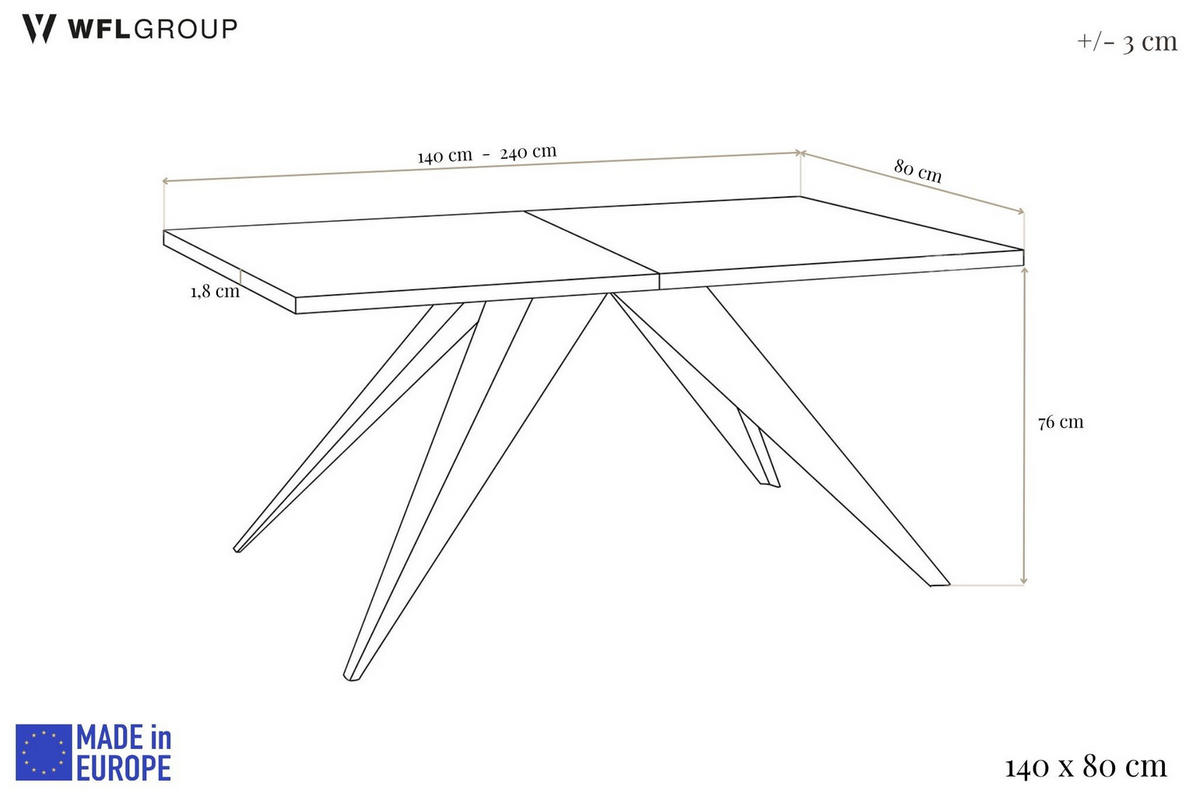 ESSTISCH Vance rechteckig ausziehbar, Lancelot Eiche 140-240/80/76 cm - Eichefarben/Schwarz, Holzwerkstoff/Metall (80/240/76cm) - WFL GROUP