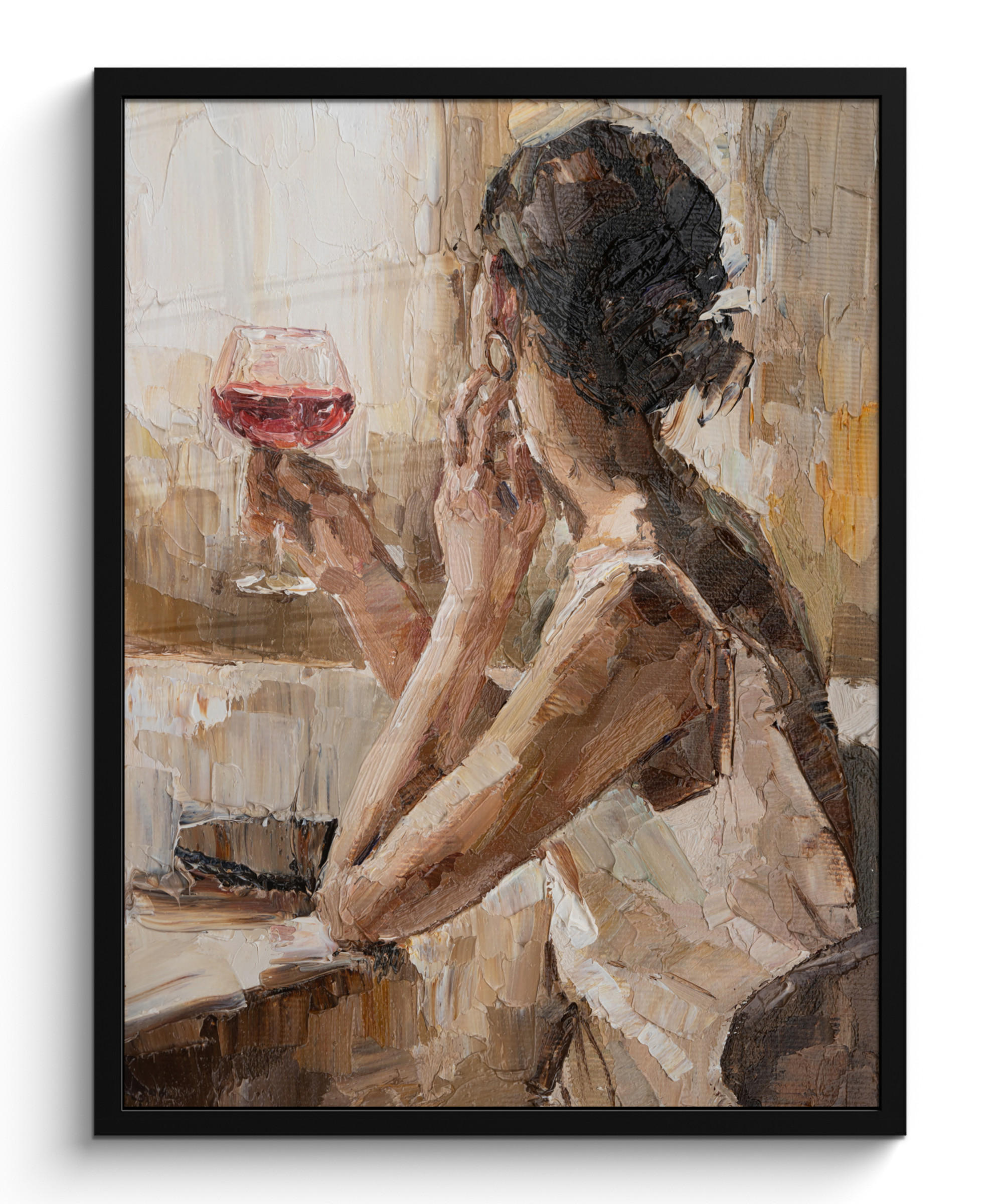 GERAHMTES BILD Ölgemälde - Frau - Wein 60x80 cm - Hellbraun, Papier (60/80cm) - MuchoWow