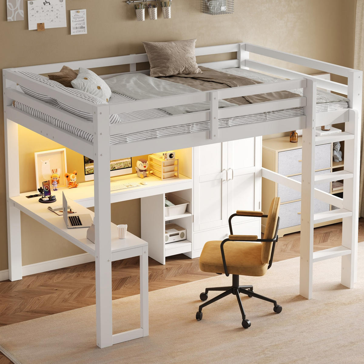 HOCHBETT aus Kiefernholz 140x200 cm Weiß mit Schreibtisch, Kleiderschrank, USB-Anschluss und LED-Beleuchtung - Weiß, Holzwerkstoff (140/200cm) - Modfu