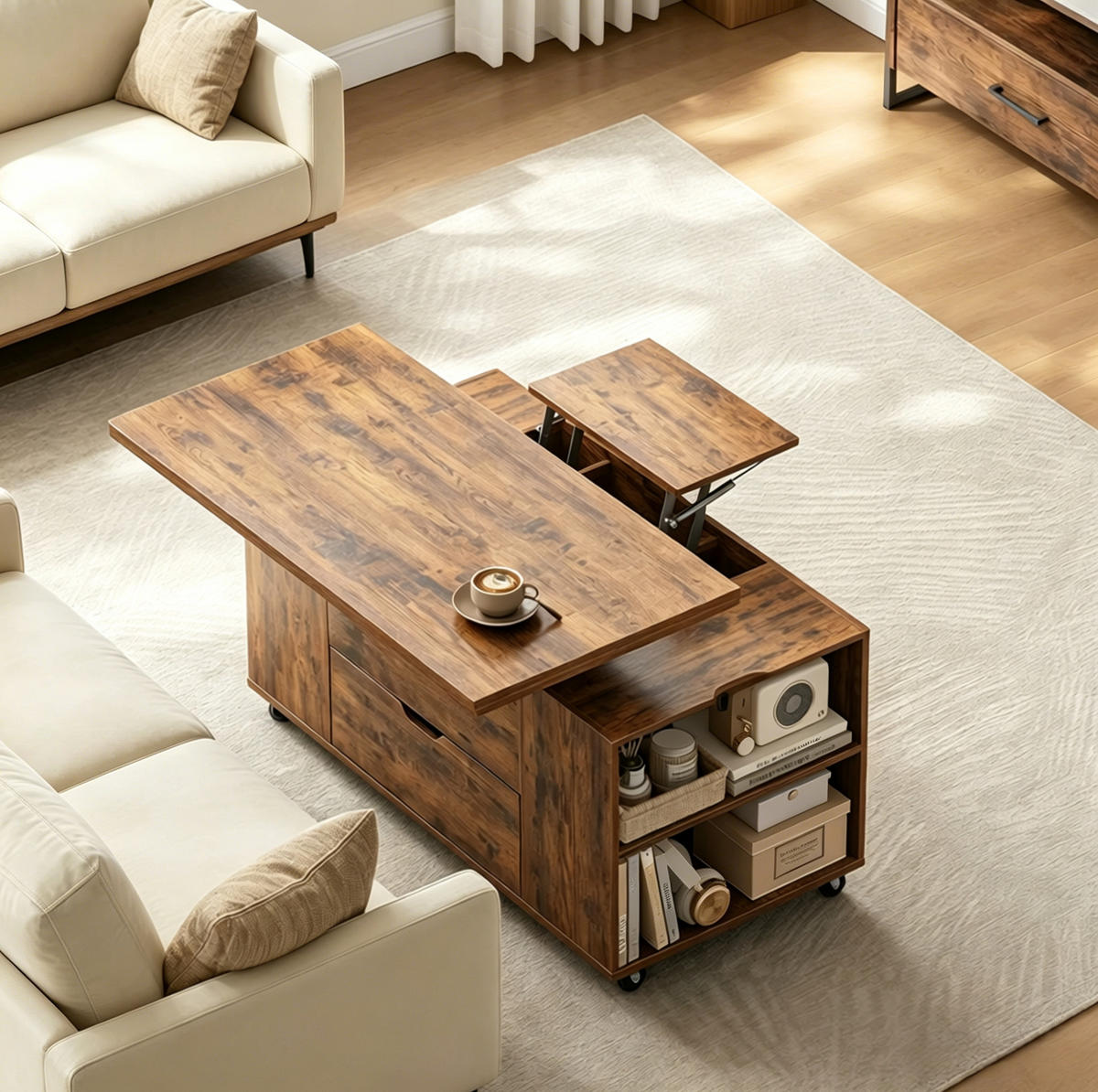 COUCHTISCH aus Holz und Metall 100x50,5x53 cm Rustikalbraun mit höhenverstellbarer Tischplatte und Rollen - Kastanienfarben, Metall (100/50.5/53cm) - IVMEU