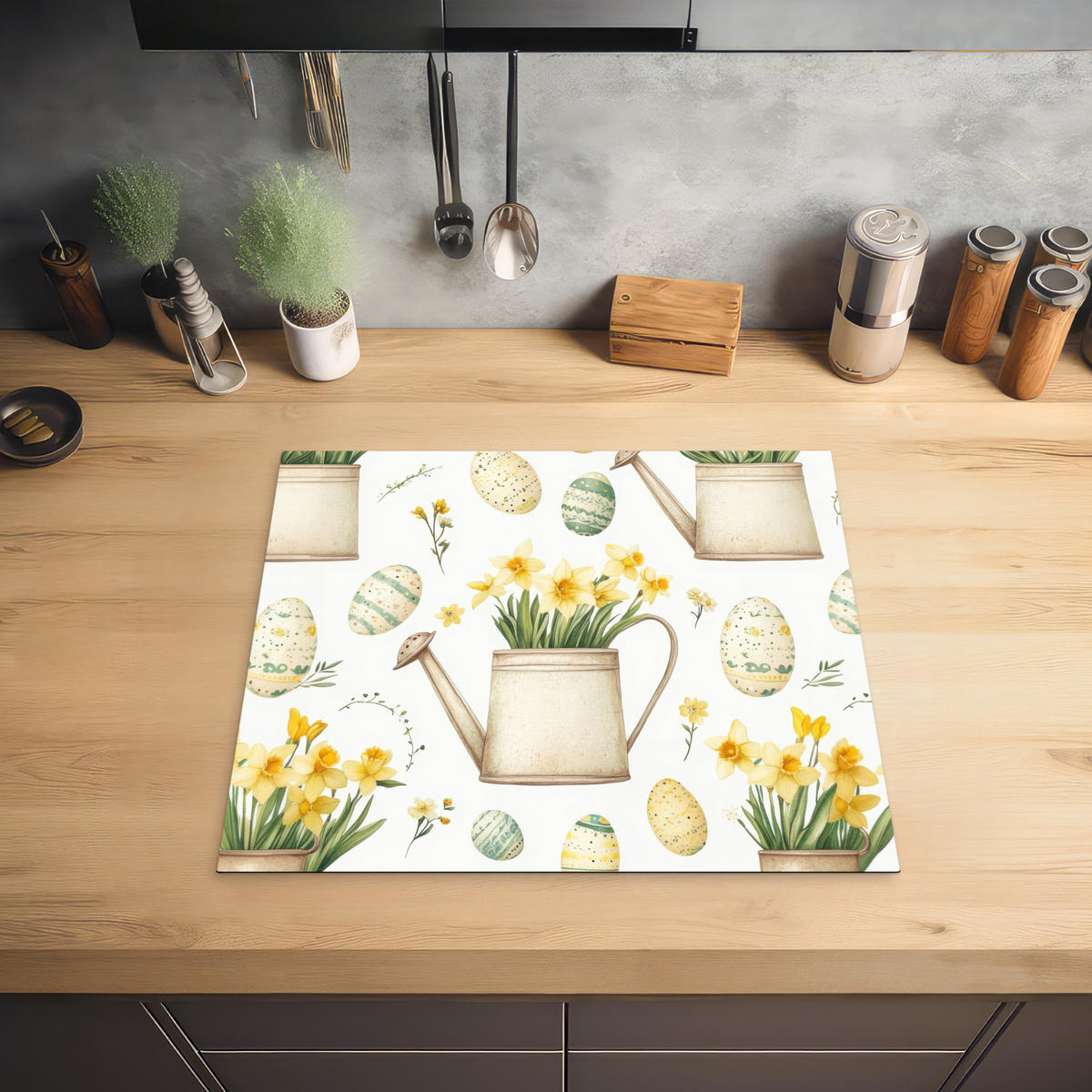 HERDABDECKPLATTE Gießkanne - Blumen - Eier Abdeckung Ceranfeld 58.3x51.3 cm - Weiß, Kunststoff (58.3/51.3/0.2cm) - MuchoWow