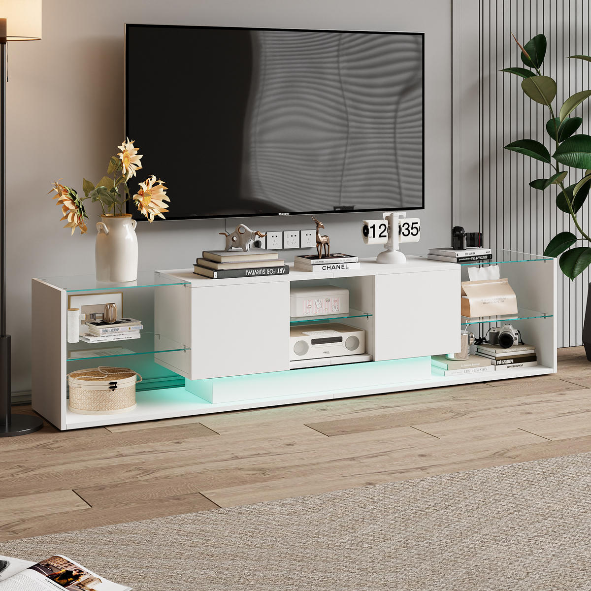 LED TV-LOWBOARD 200 cm– Modernes TV-Board mit Stauraum, Weiß - Weiß, Holz (35/45/200cm)