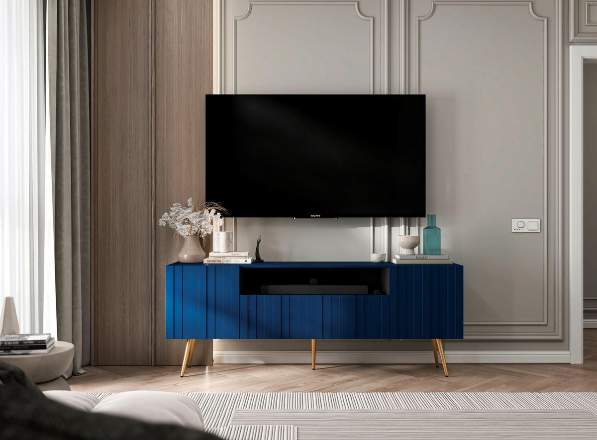 TV-SCHRANK Elpis2 Marineblau Matt mit goldenen Metallbeine Glamour 150 cm - Blau/Goldfarben, Holzwerkstoff/Metall (150/60.5/36.5cm) - Meble Lindner