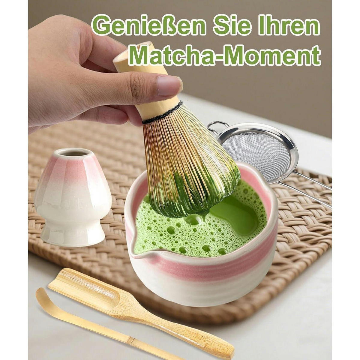 MATCHA Set 5-teilig Bambus mit Besenhalter und Sieb Farbverlauf Rosa - Rosa, Naturmaterialien (15/15/15cm)