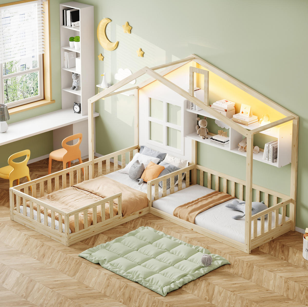 KINDERBETT 90/200 cm aus Holz mit LED-Beleuchtung und Regalen - Naturfarben, Holz (90/200cm) - Flora Grace