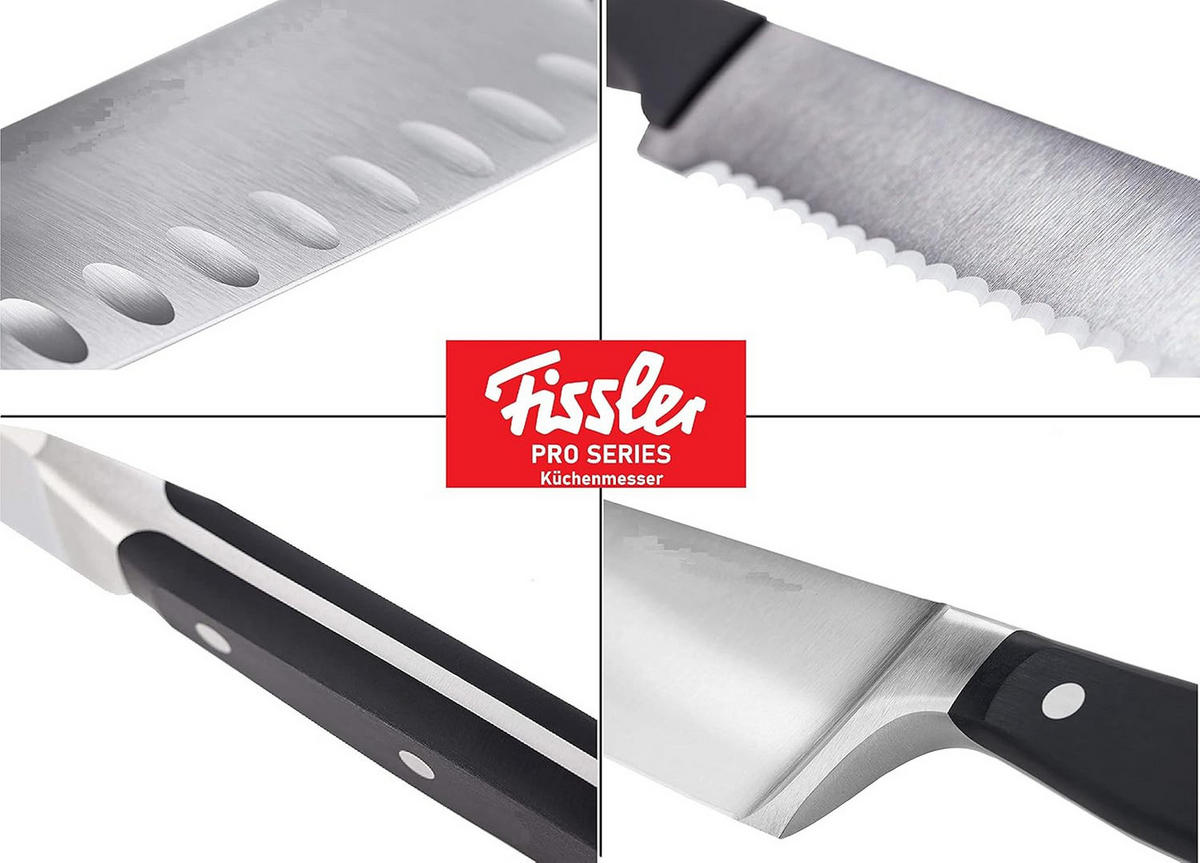 MESSERSET – Profi 5-teilig mit 2 Santokumessern, Brotmesser, Kochmesser & Küchenschere, Rostfreier Spezialstahl, Ergonomischer Griff - Silberfarben, Metall - Fissler
