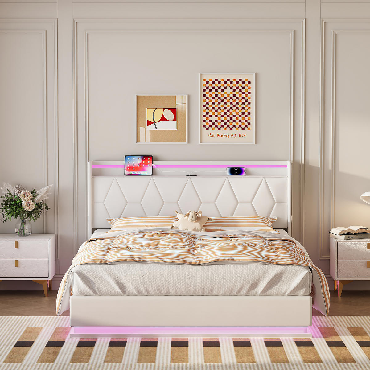 POLSTERBETT 160x200 cm, Doppelbett mit LED, Weiß Samt - Weiß, Metall (160/200cm)