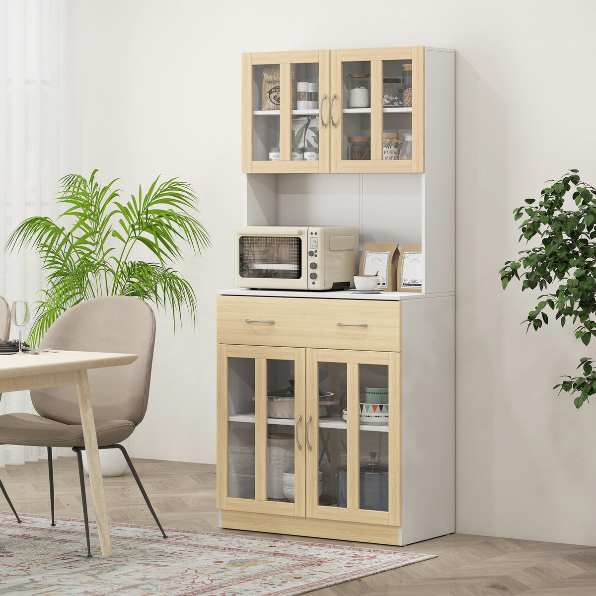 BUFFET DE-11004 4 Glastüren Weiß/Eiche hell - Weiß, Holzwerkstoff (40/180/80cm) - ComfortXL