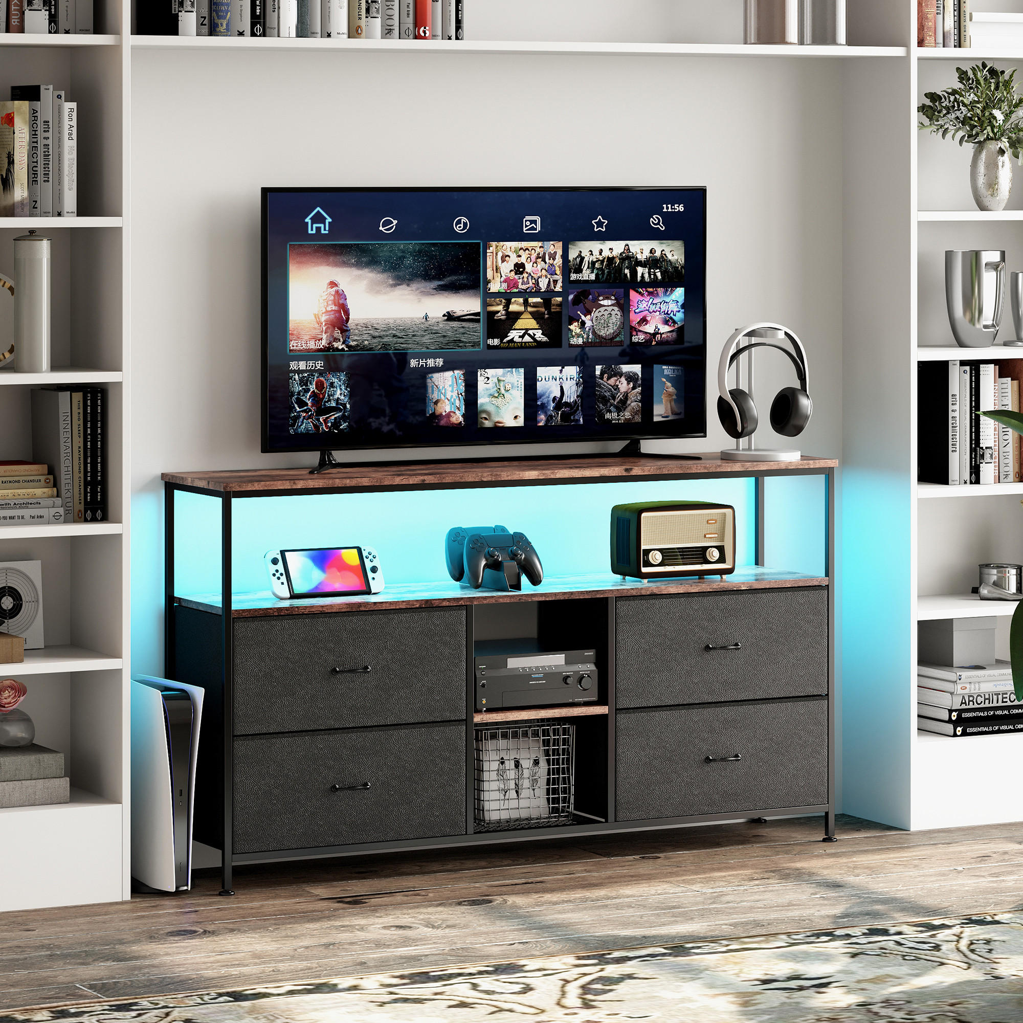 TV-SCHRANK 108 CM - Tigerholz-Optik mit Tigerholz-Stoffschubladen - Schwarz, Holz (30/78/108cm)
