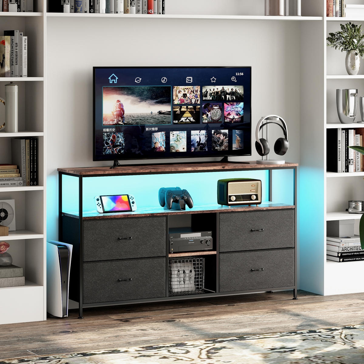 TV-SCHRANK 137 CM - Tigerholz-Optik mit Tigerholz-Stoffschubladen - Schwarz, Holz (30/78/137cm)