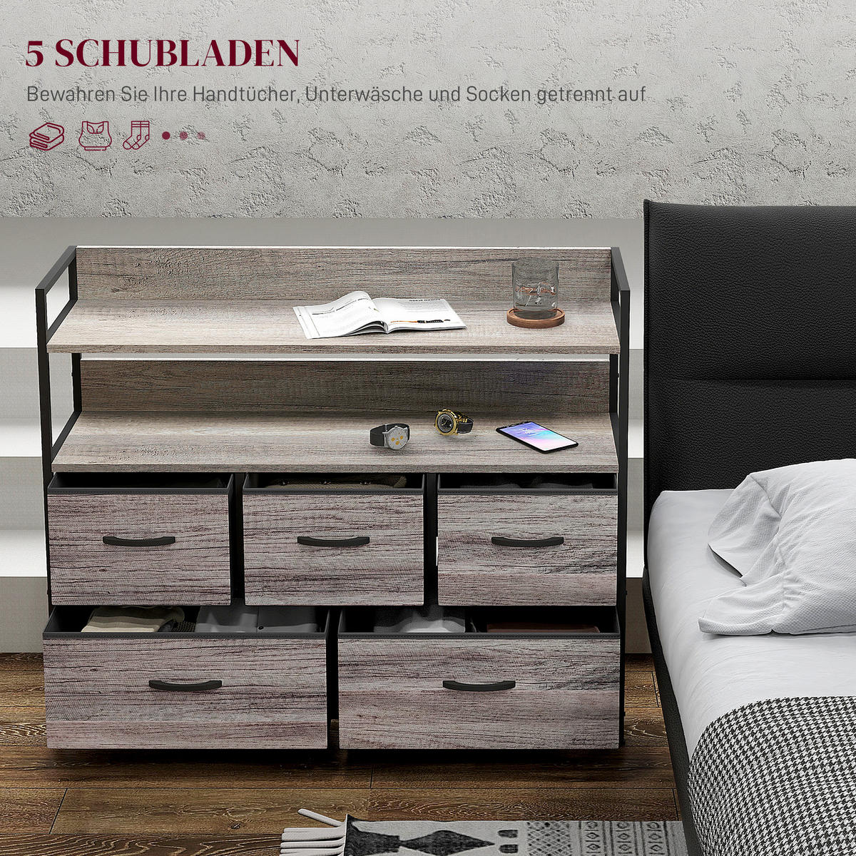 KOMMODE mit 5 Schubladen aus Stoff, Grau - Grau, Textil (98/85/29cm) - HOMCOM