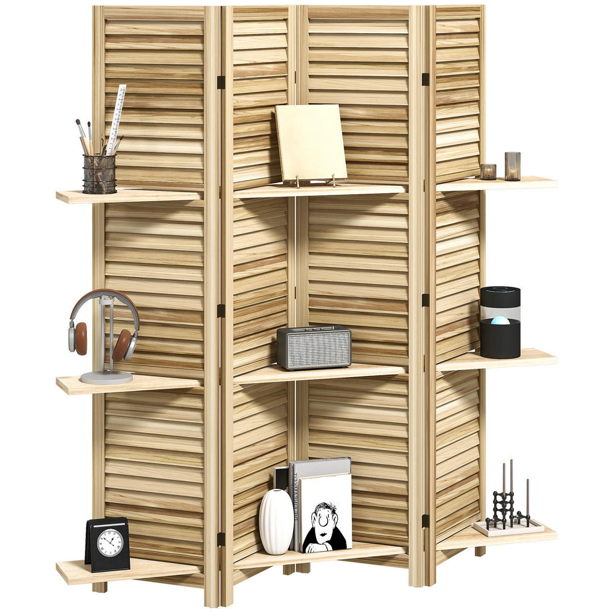 PARAVENT DE-14318 4 Paneele, 3 Regalböden, Lamellen Naturholz - Naturfarben, Holz (160/170/1.9cm) - ComfortXL