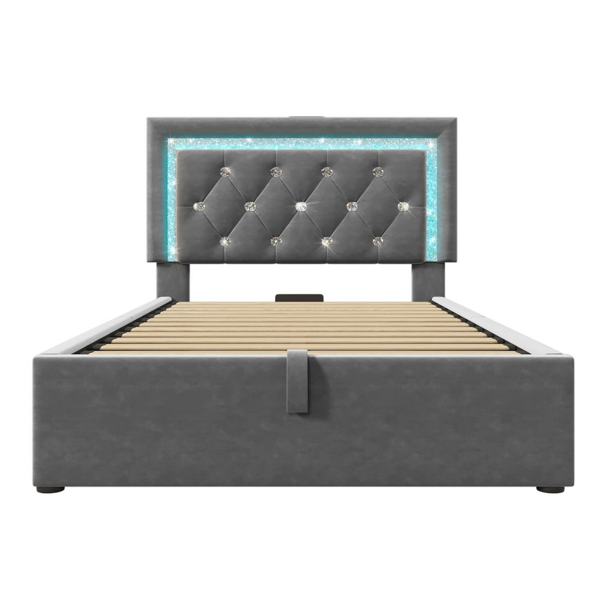POLSTERBETT 90/200 cm mit LED-Beleuchtung, USB- und Type-C-Anschluss, hydraulischem Bettkasten aus Samt, Grau - Grau, Textil (90/200cm) - Redom