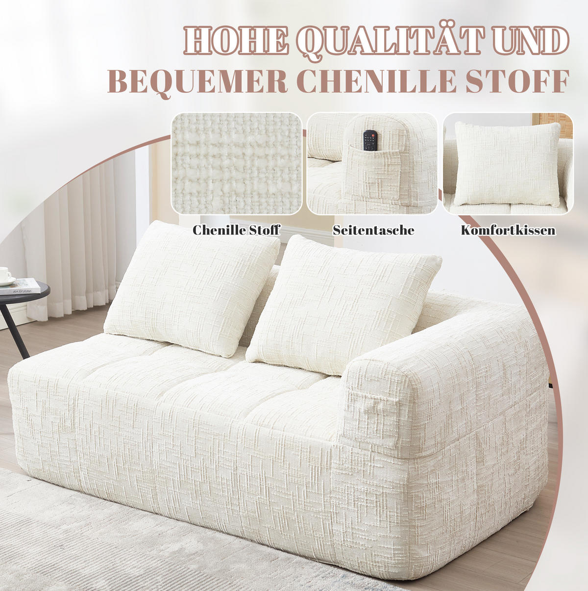 2-SITZER Sofa Chenille mit Chaiselongue und Seitentaschen 158/90/60 cm Beige - Beige, Textil (60/158/90cm) - Redom