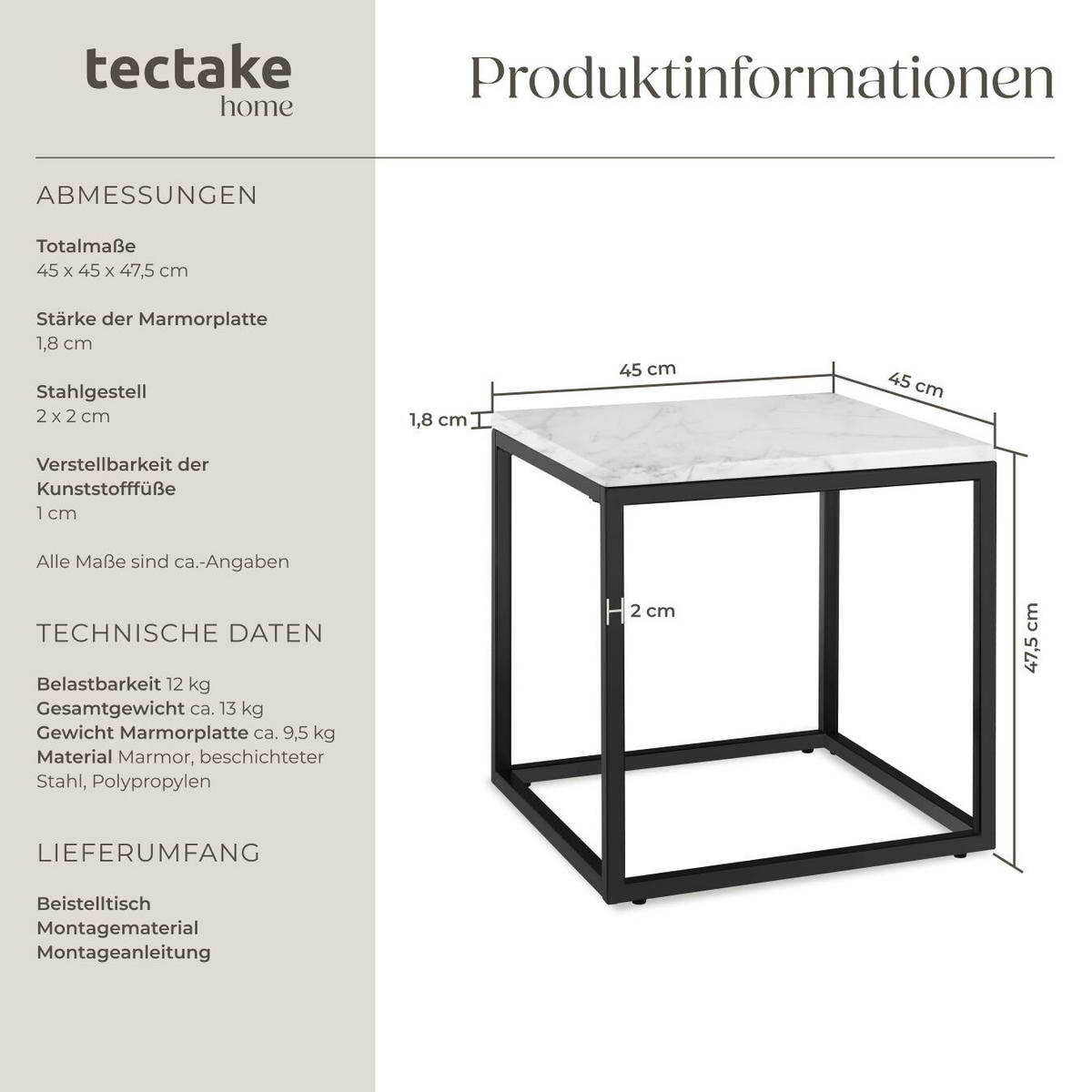 MARMOR-BEISTELLTISCH Alysia,mit höhenverstellbaren Kunststofffüßen,schwarz/weiß - Schwarz/Weiß, Stein (45/45/47.5cm) - tectake