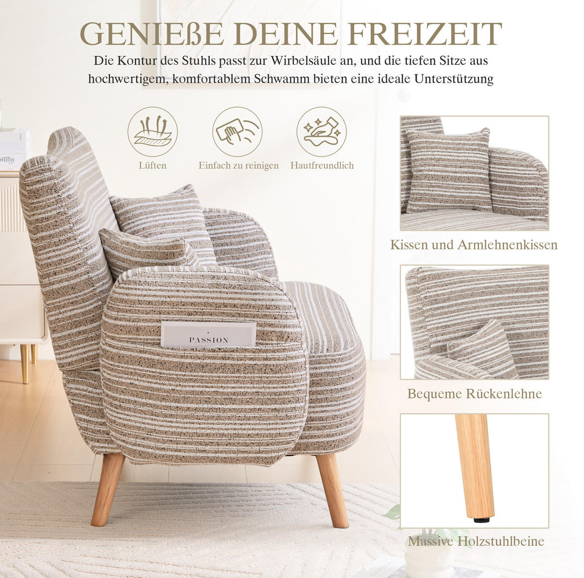2-SITZER-SOFA aus Bouclé 121x81,5x87 cm in Beige mit Seitentaschen - Beige, Textil (81.5/87/121cm) - Modfu