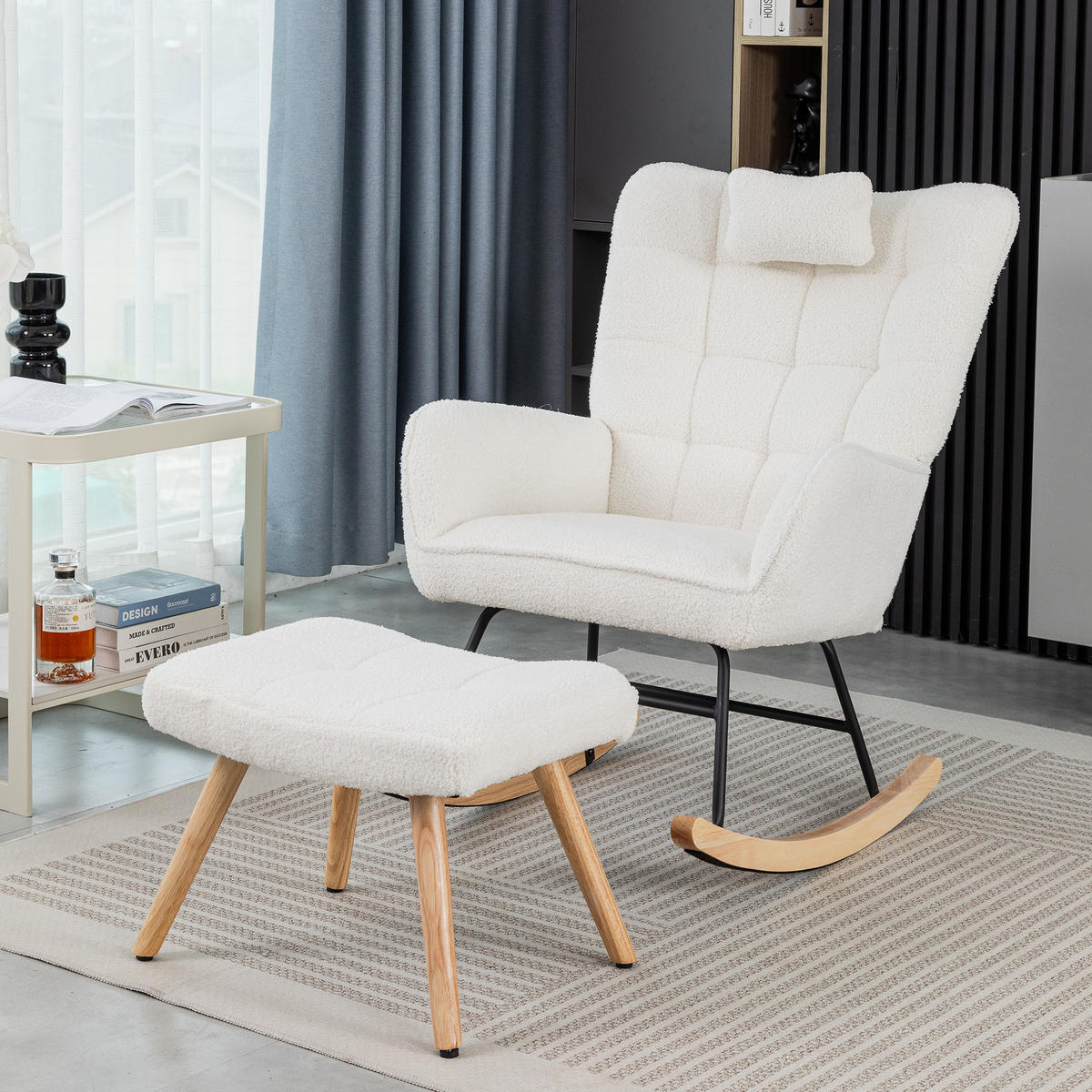 SCHAUKELSTUHL Teddy-Fleece mit Fußhocker, Kopfkissen 65/93/92 cm Weiß - Weiß, Textil (65/92/93cm) - Redom