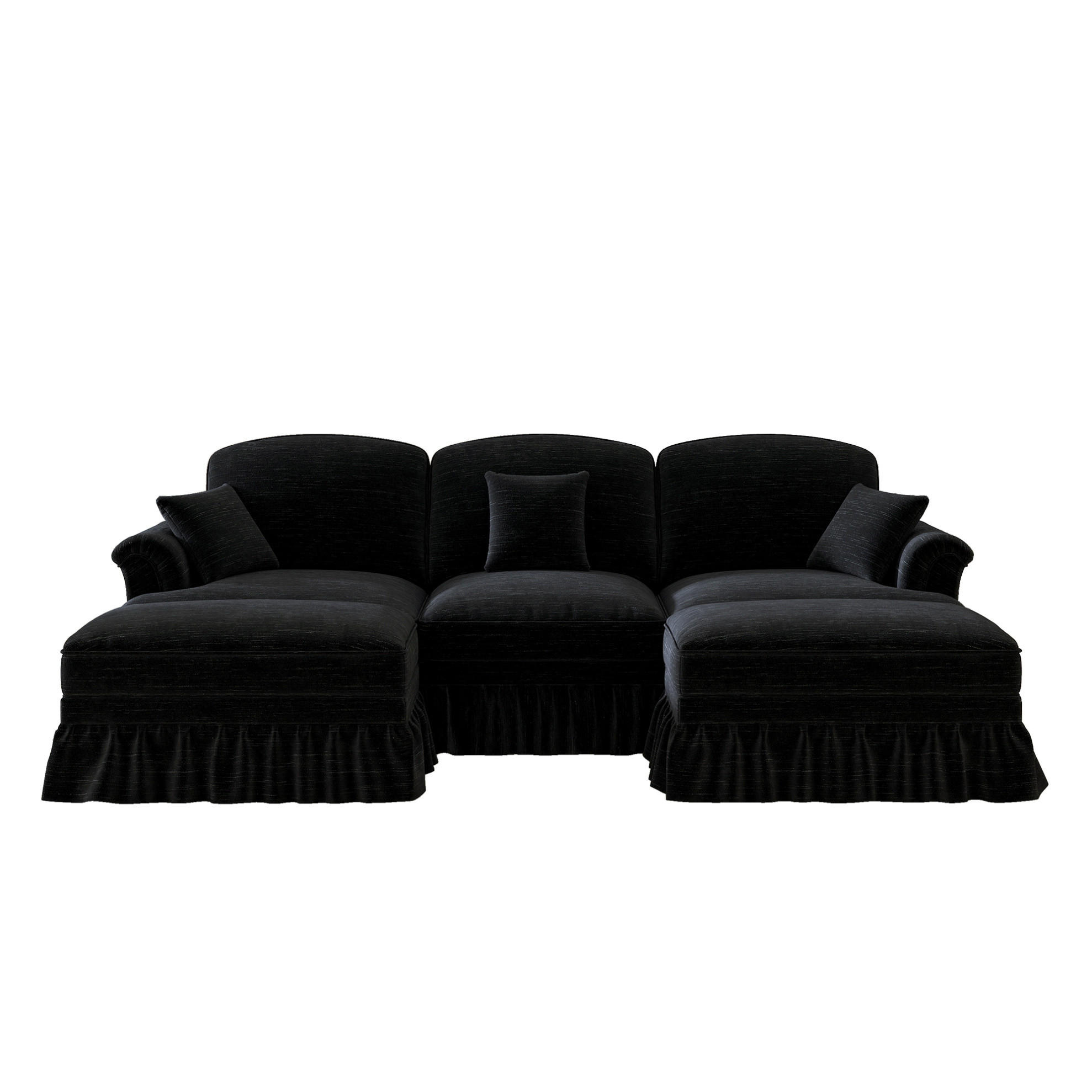 ECKSOFA 272/140/93 cm schwarz aus Chenille mit abnehmbarem Volant und beweglichem Hocker - Schwarz, Textil (140/272cm) - OKWISH