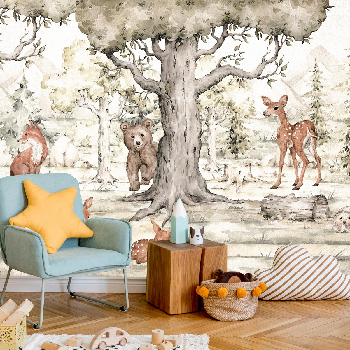 FOTOTAPETE für Kinderzimmer Waldtiere Aquarell Bär Fuchs Reh Bäume 300x210 - Beige/Orange, Papier (300/210cm) - Muralo