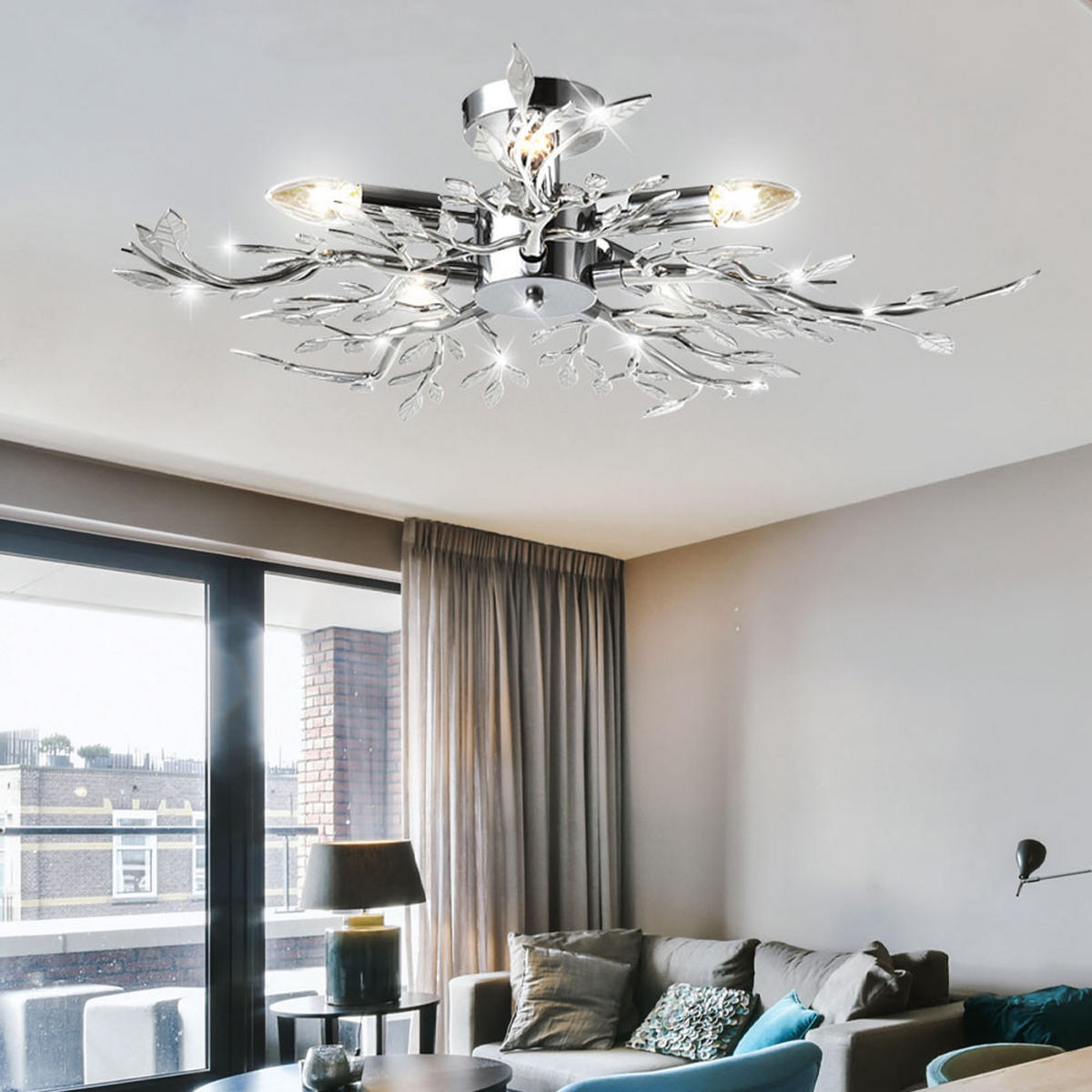 LED DECKENLEUCHTE Chrom Silber Blätter-Design - Silberfarben, Metall (71/71/16cm) - Globo Lighting