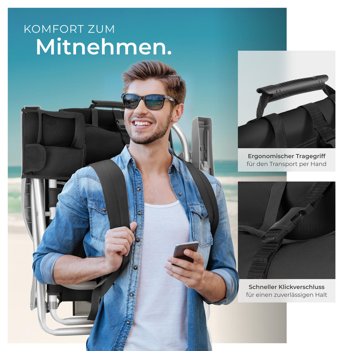 STRANDSTUHL Coral, rückseitige Kühltasche und Aufbewahrungstasche, schwarz - Schwarz, Kunststoff (63/78/101cm) - tectake