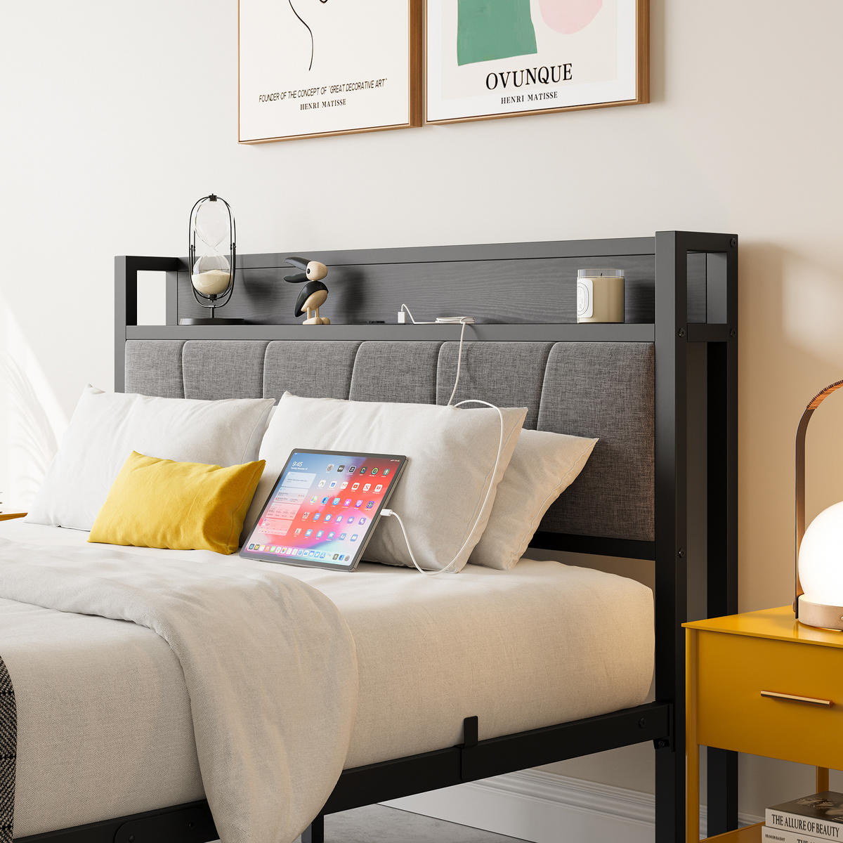 METALLBETT 140/200 mit Matratze und Gepolstertes Kopfteil Jugendbett mit Steckdose, 27 cm Bodenfreiheit - Schwarz/Grau, Holzwerkstoff/Textil (140/200cm) - STILVORA
