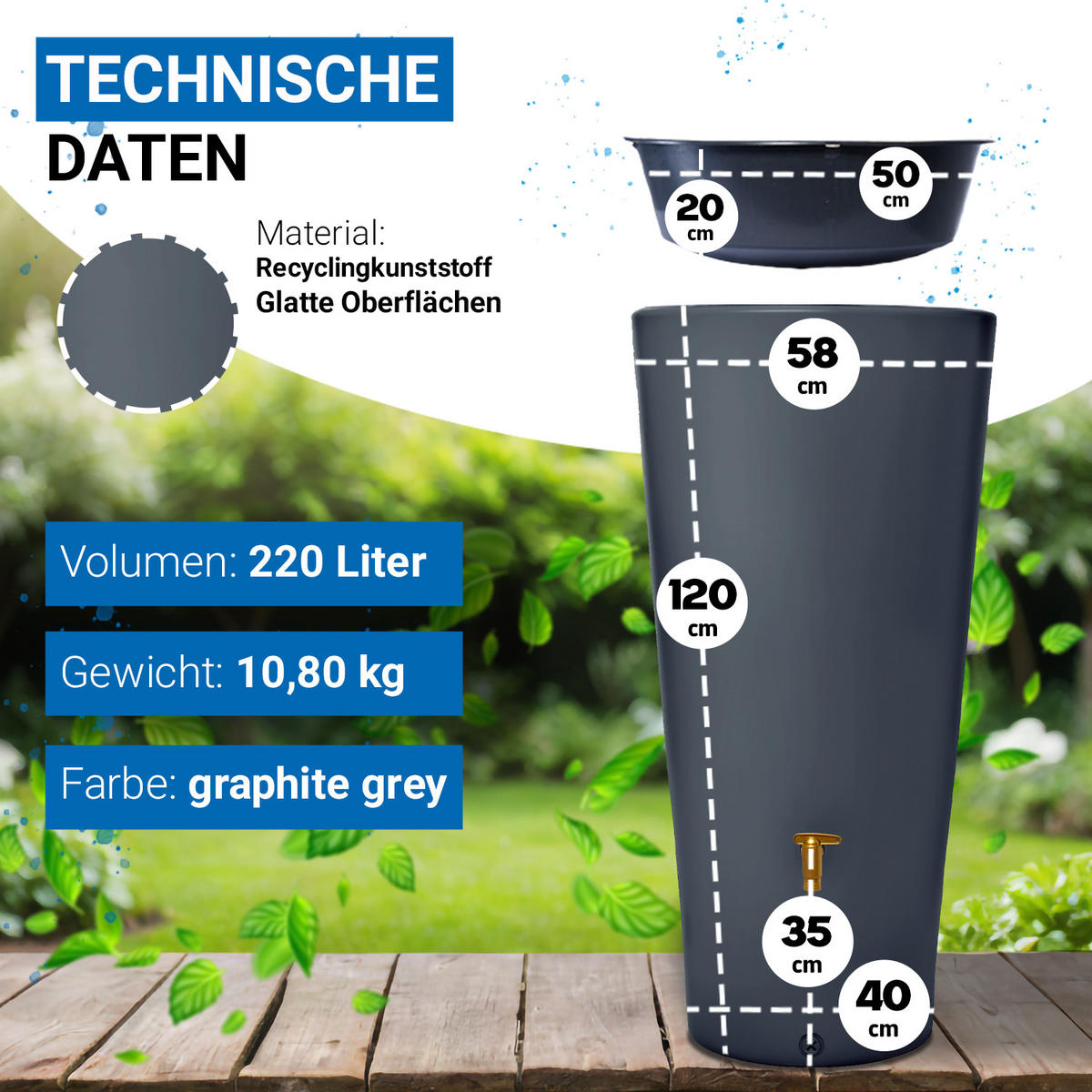 2IN1 Regentonnen Komplett-Set 220 L graphite grey - Grau, Kunststoff (58/120/58cm) - 4rain