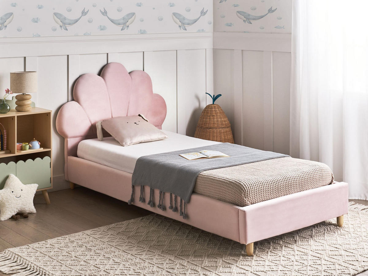 DĚTSKÁ POSTEL Mušle Sametová látka 90/200 cm Růžová Neulise - světle hnědá, textil (90/200cm) - Beliani