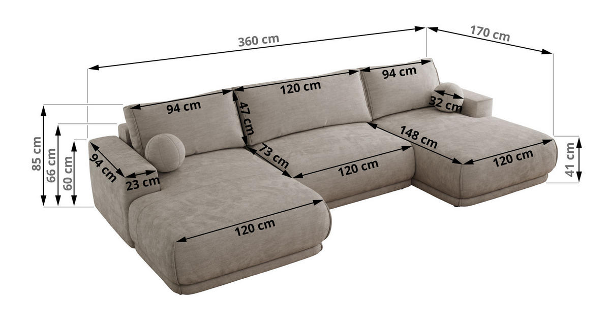 SEDACIA SÚPRAVA RINA U Svetlosivá Hladký ženil - čierna/svetlosivá, textil/plast (360/85/170cm) - MKS