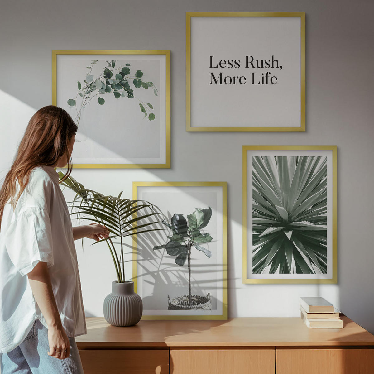 WANDBILDER 4er Set - 50x50 cm & 40x60 cm Goldrahmen - Minimalismus mit grünen Pflanzen - Goldfarben, Kunststoff (50/50cm) - ArtPrintCave