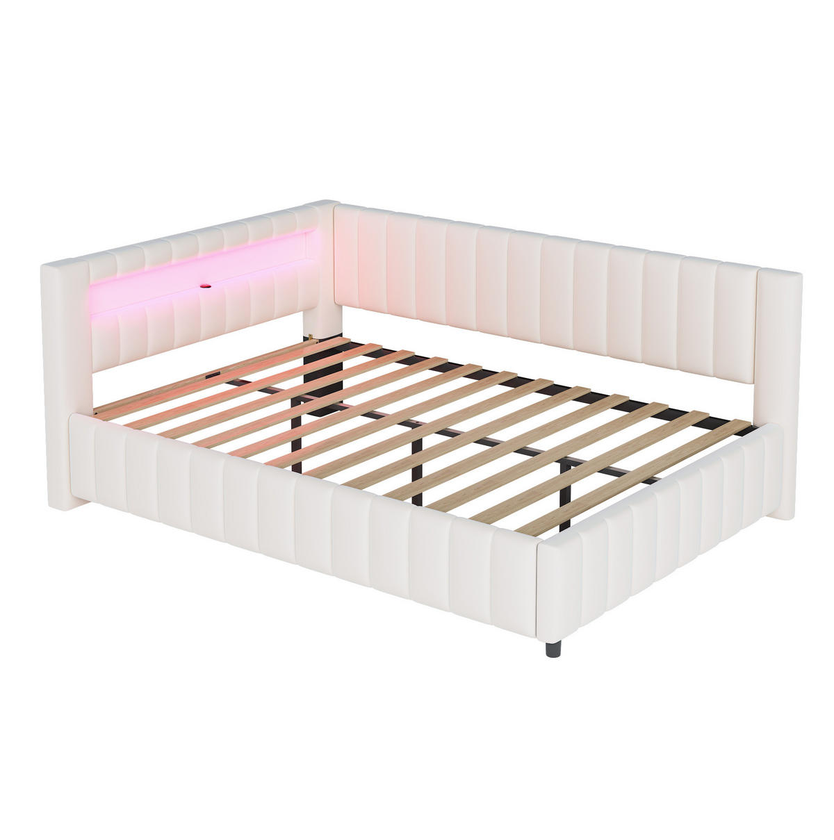 ČALÚNENÁ posteľ zo zamatu 140x200 cm béžová s LED osvetlením, USB portom a L-kovým dizajnom - béžová, textil (140/200cm) - Modfu