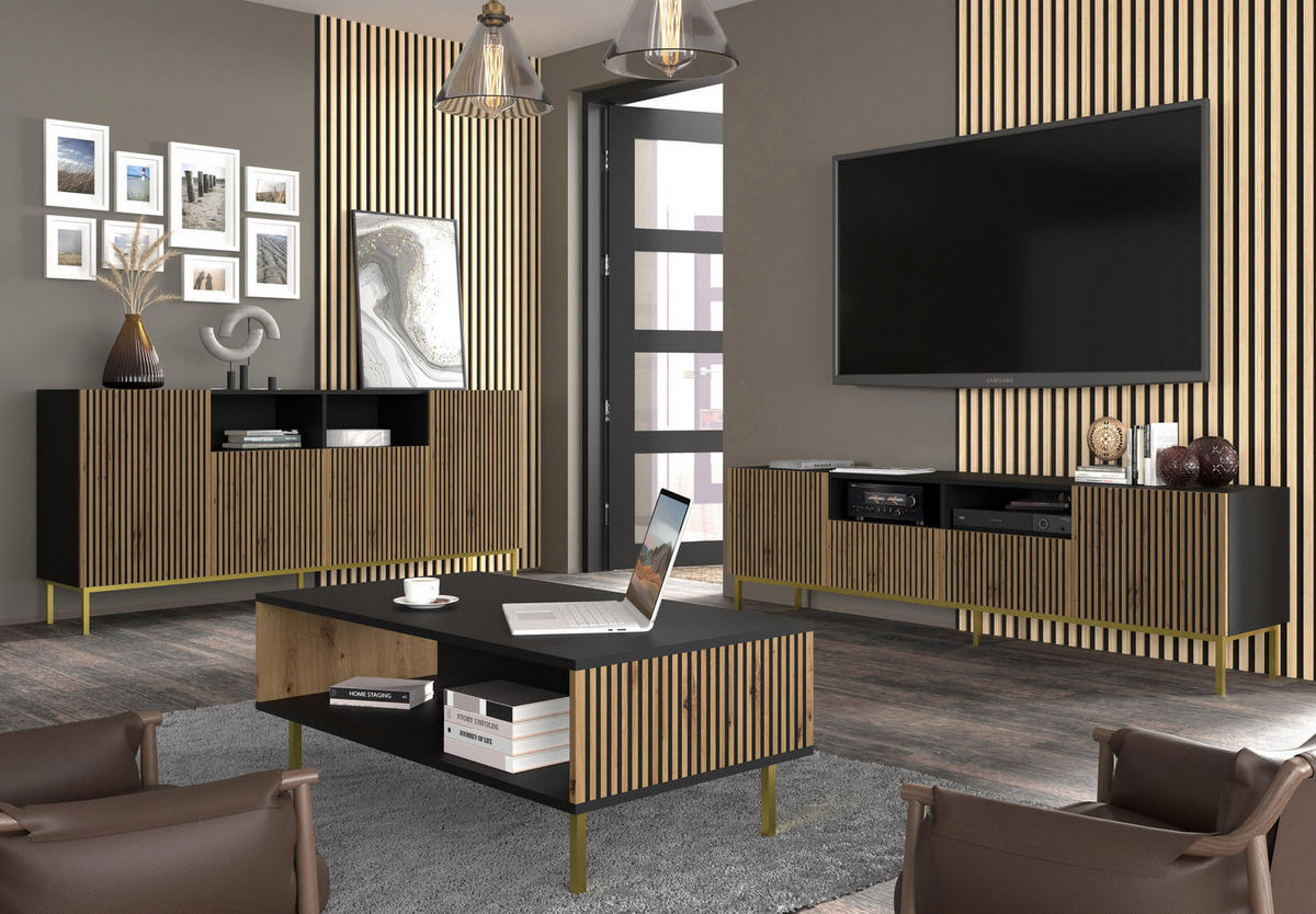 TV-LOWBOARD SCHWARZ - Beige/Goldfarben, Holzwerkstoff (200/58/42cm) - FURNLUX