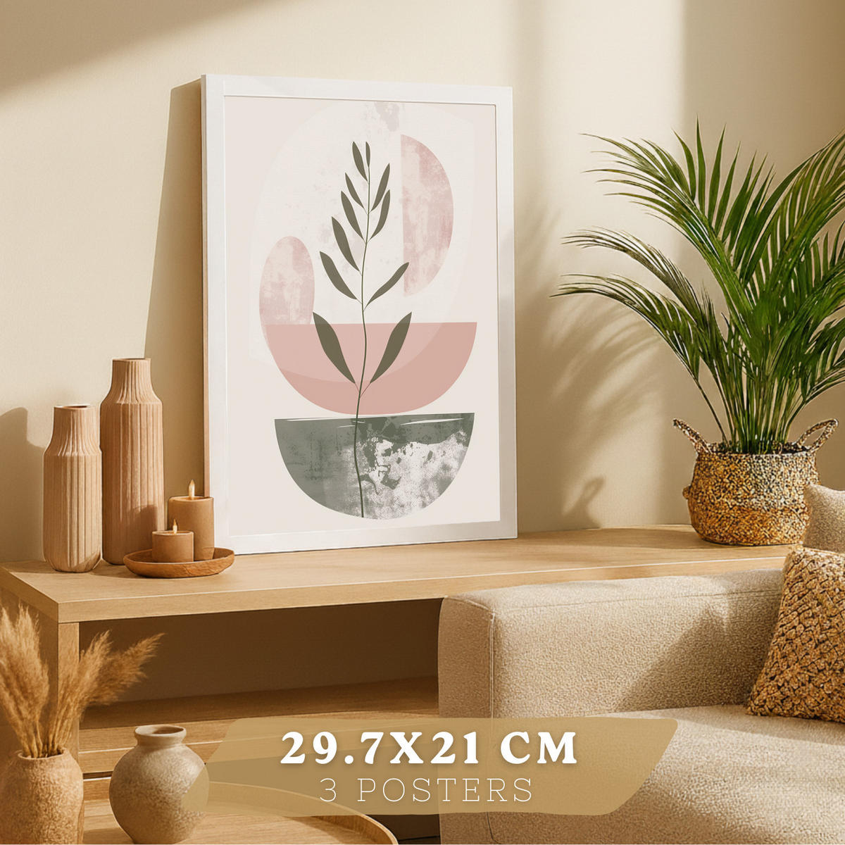 PLAKAT Sada 3 dekorativních nástěnných tisků, zelené a růžové tvary, pro moderní dekoraci obývacího pokoje květinové motivy, velikost Bílý rám A4 - bílá, papír (21/29.7/3cm) - Nacnic