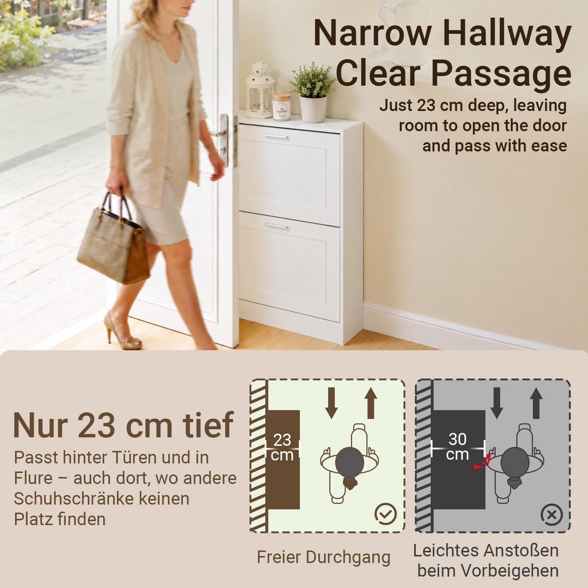 SCHUHSCHRANK Weiß, 60 cm breit, 23 cm tief, 79 cm hoch, 2 Klappen, ca. 8 Paar Schuhe, für Flur und hinter der Tür - Weiß, Holzwerkstoff (60/80/25cm) - SoBuy