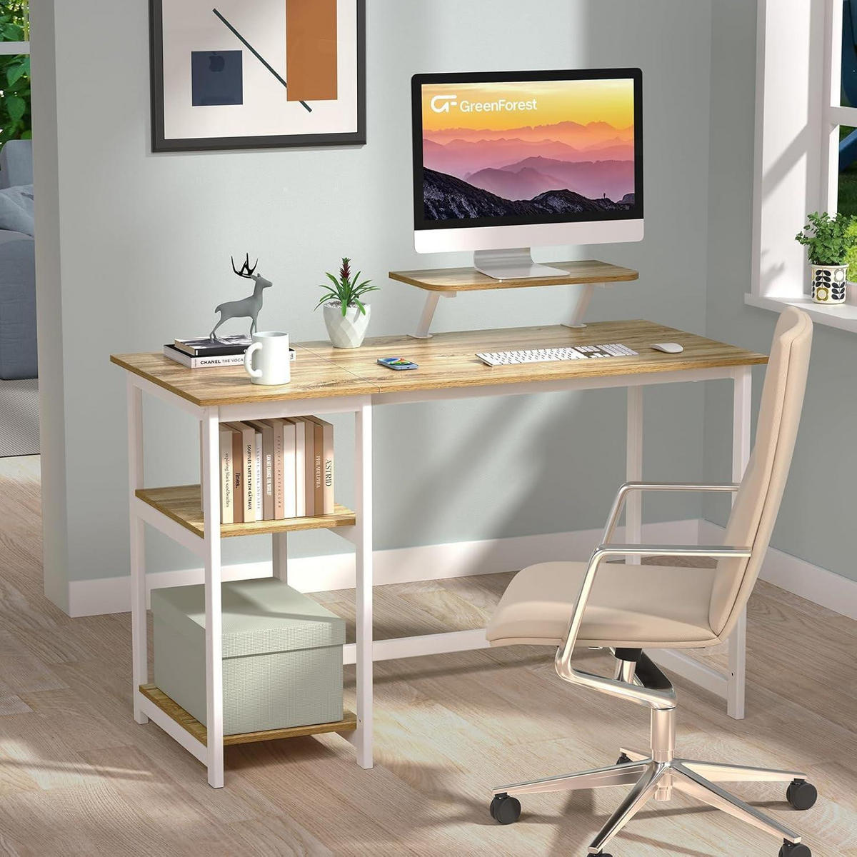 SCHREIBTISCH mit Stauraum und Monitorständer 120 x 50 cm Beige - Beige, Holzwerkstoff (120/55/75cm)