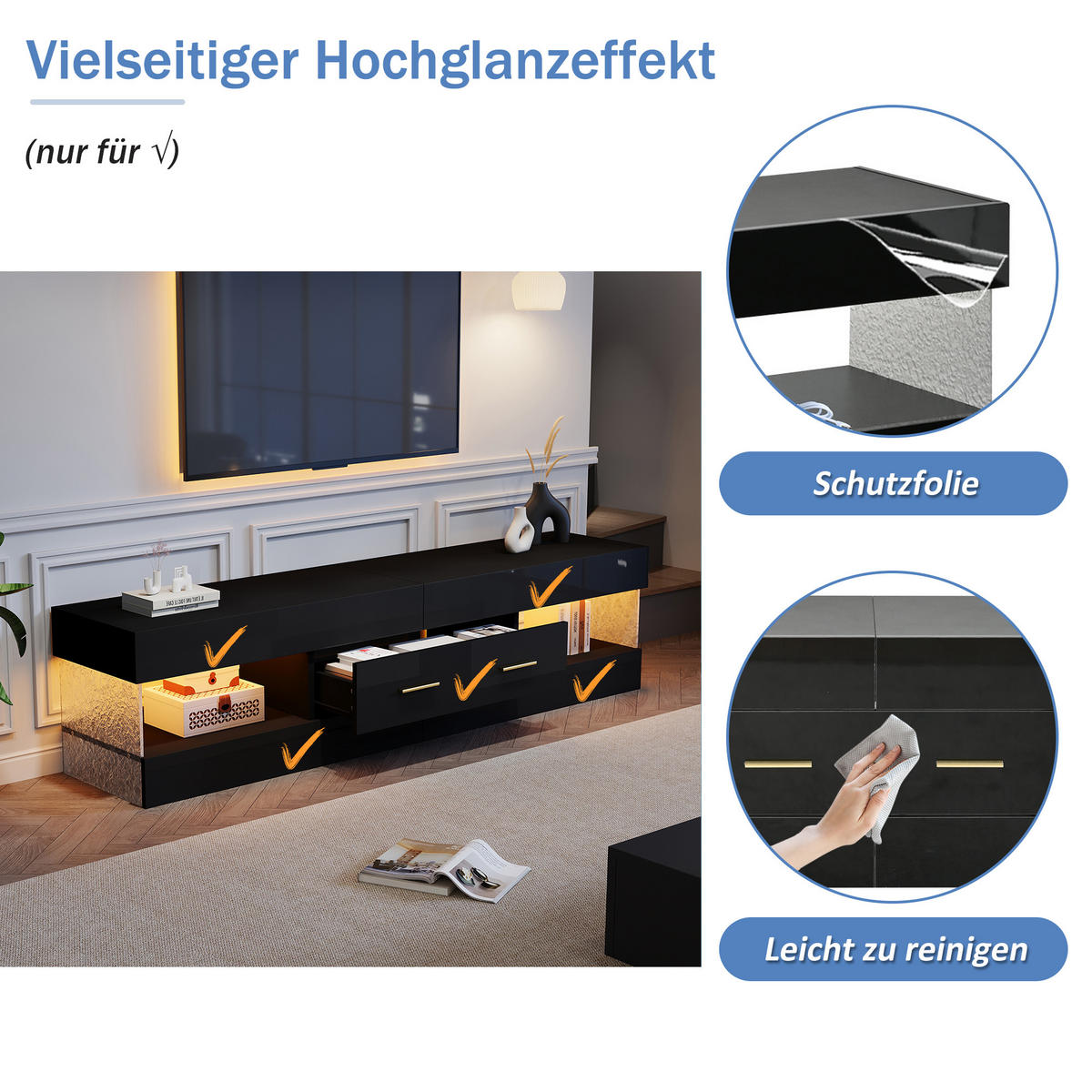 LOWBOARD in Schwarz, TV Schrank mit LED, Offenen Stauraum und Schubladen, 152/35/40cm, für Wohnzimmer - Schwarz, Holzwerkstoff (152/40/35cm) - STILVORA