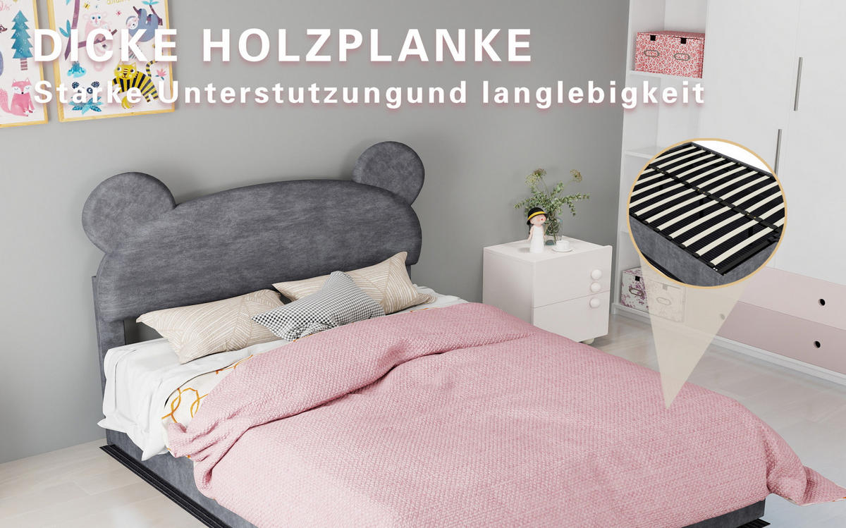 POLSTERBETT 140/200 cm mit Bettkasten, Samtbezug und Matratze, Grau - Grau, Textil (140/200cm) - Redom