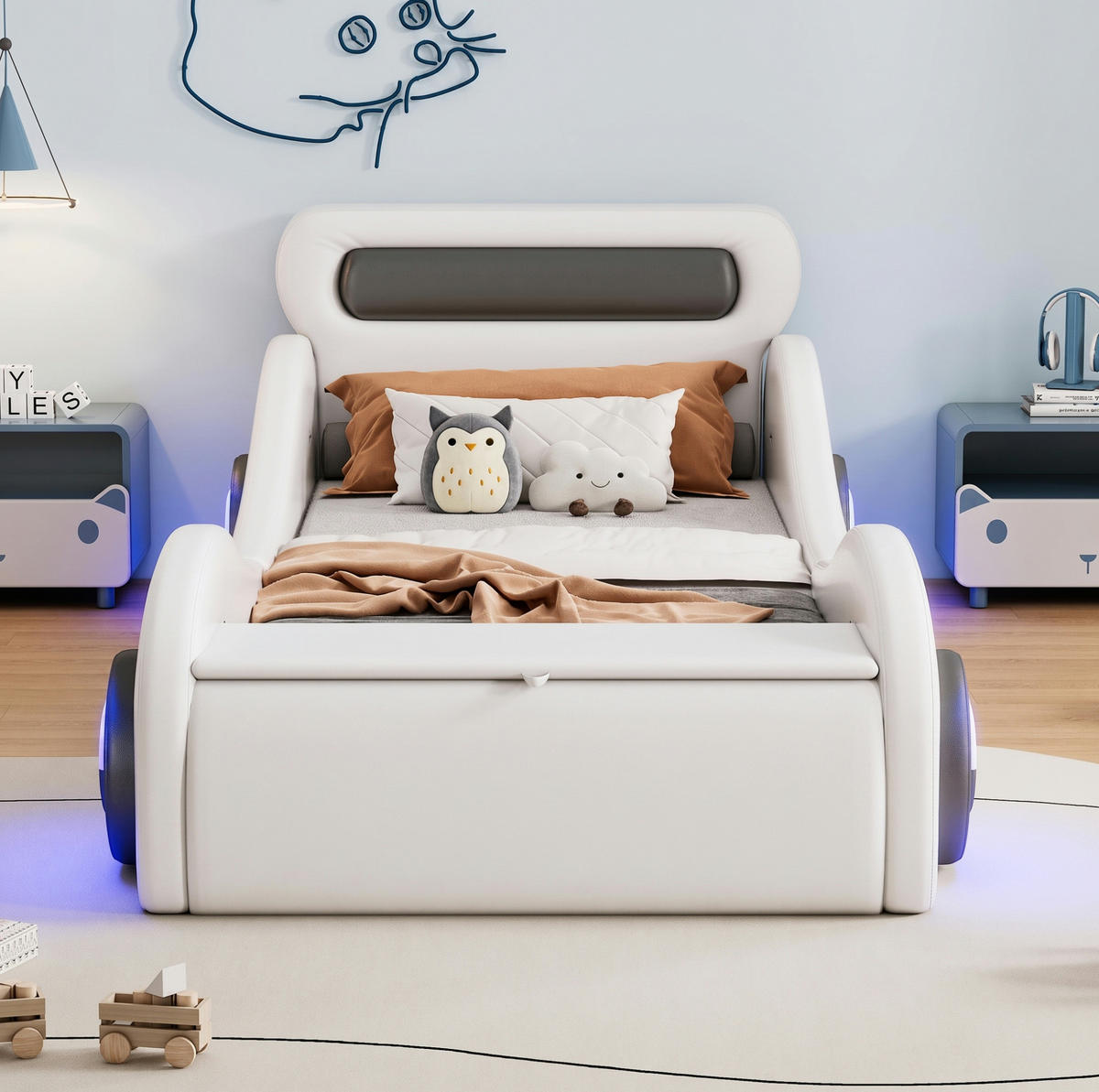 KINDER-POLSTERBETT aus PU und MDF 90x200 cm Weiß in Autoform mit Leuchträdern und Stauraum - Weiß, Kunststoff (90/200cm) - Modfu