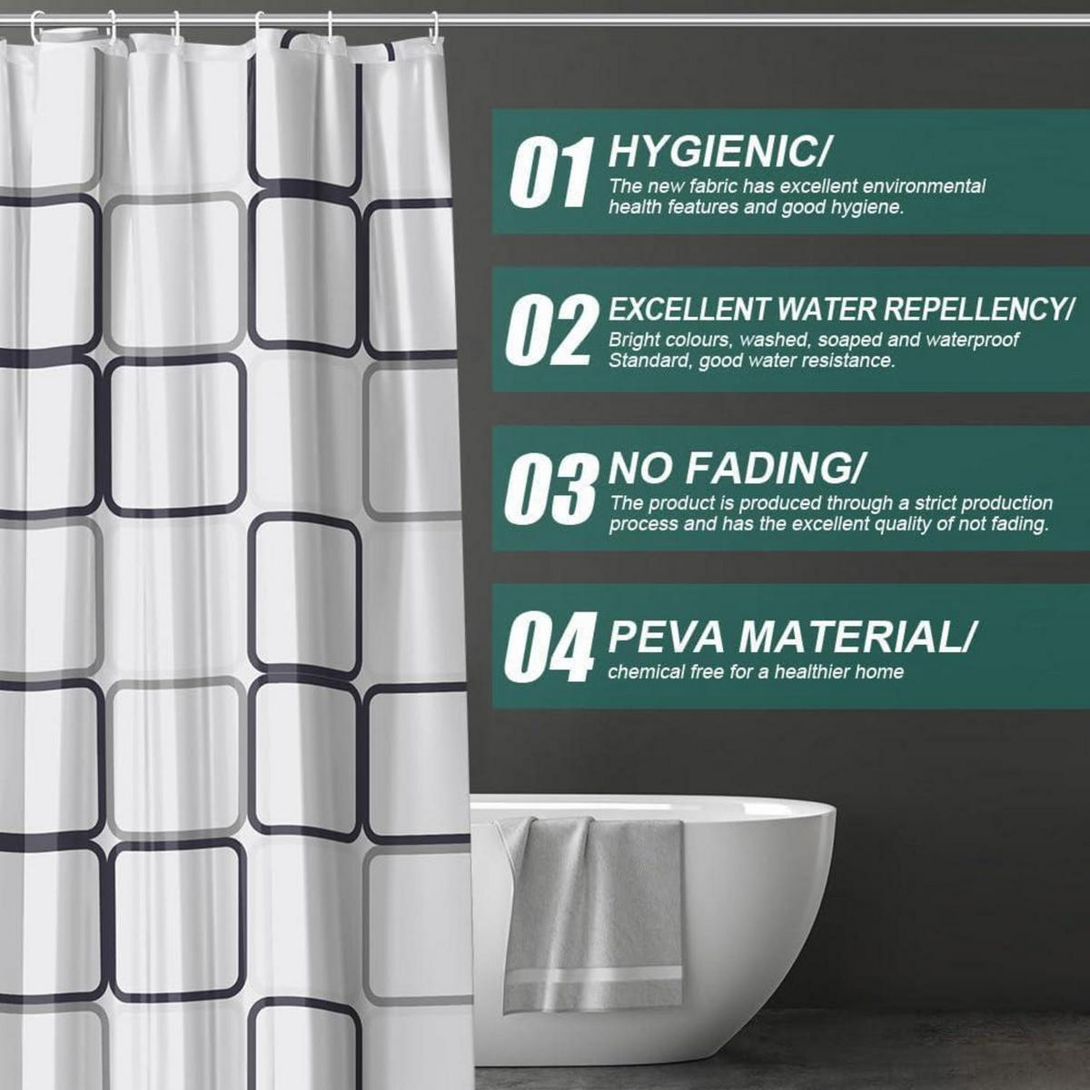 DUSCHVORHANG 180 x 180 cm PEVA wasserdicht 12 Ringe Set - Multicolor, Kunststoff (180/180cm)